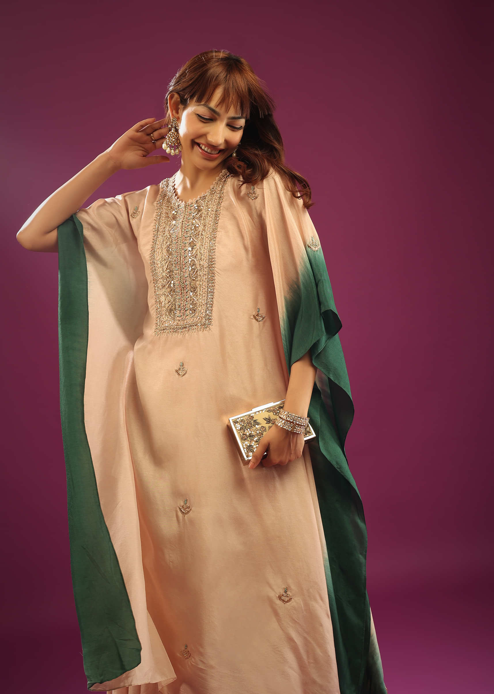 Beige & Green Ombre Kaftan Set With Wide-Leg Palazzo And Heavy Embroidery