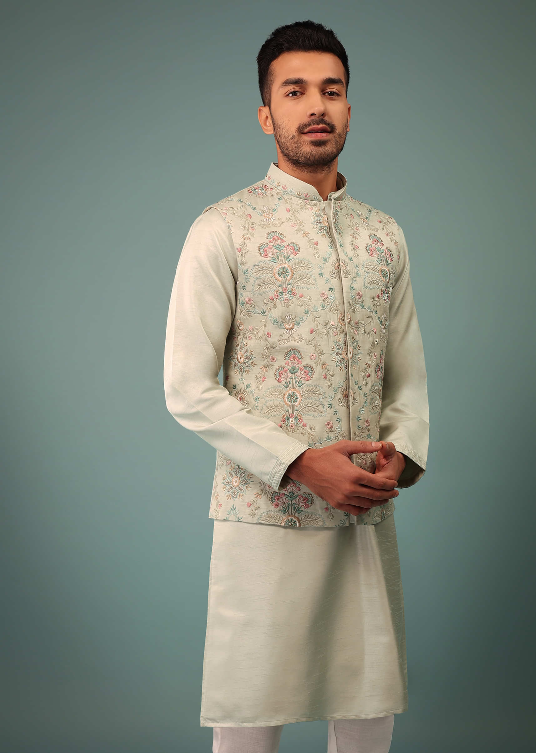 Kalki Fairest Jade Blue Bandi Jacket Set In Raw Silk With Floral Embroidery