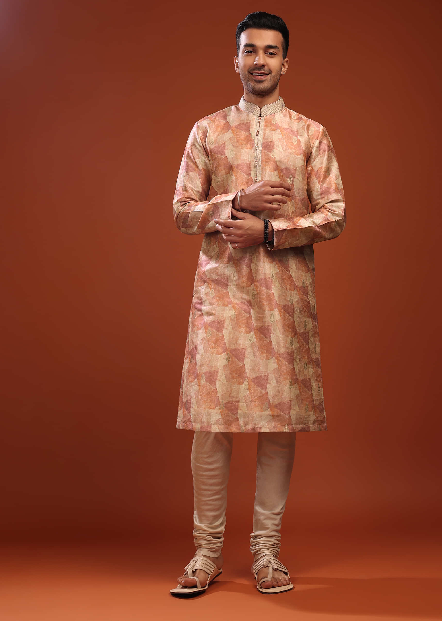 Peach Kurta Set In Bangalore Silk With Print And Brocade Weave Buttis