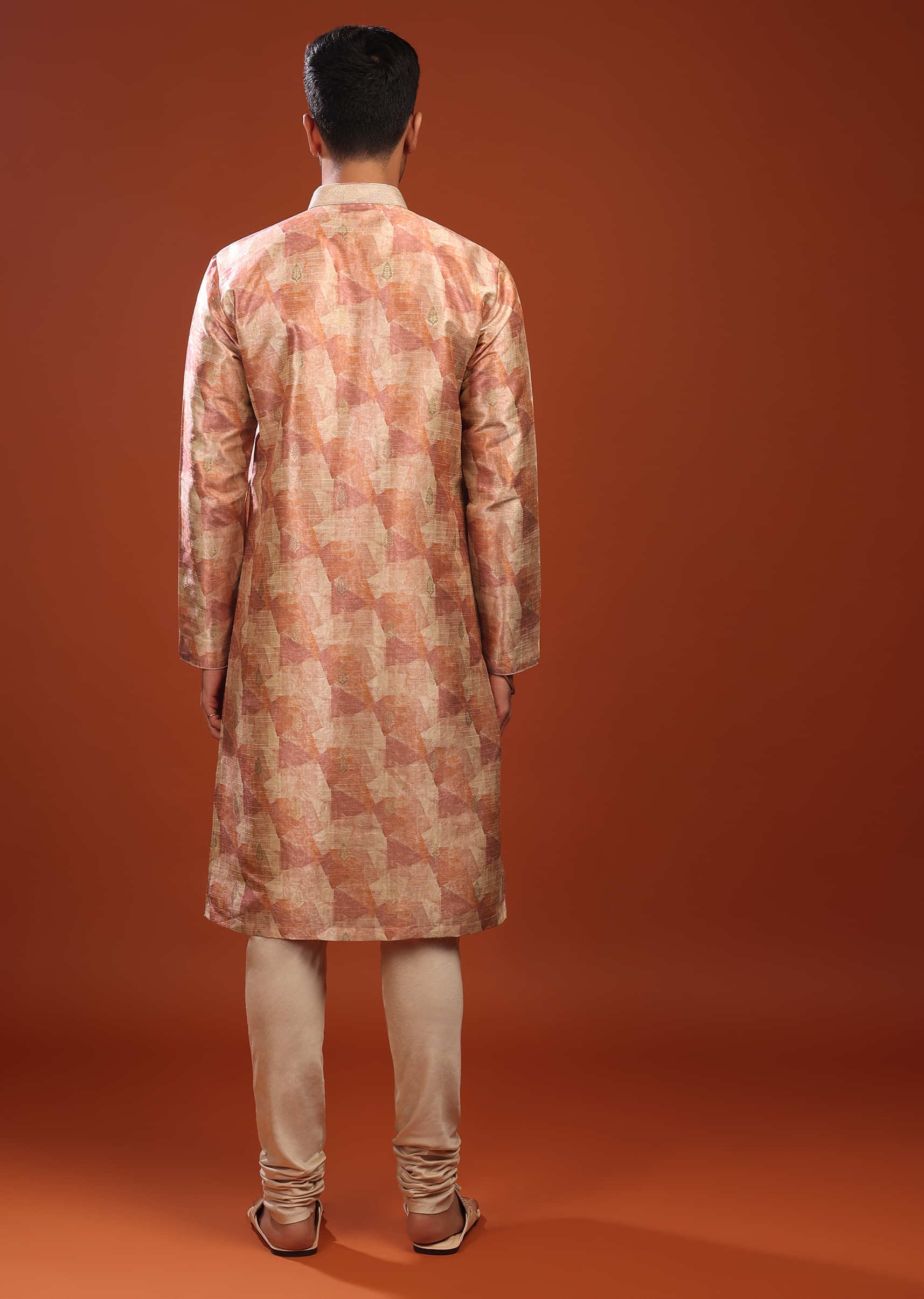 Peach Kurta Set In Bangalore Silk With Print And Brocade Weave Buttis