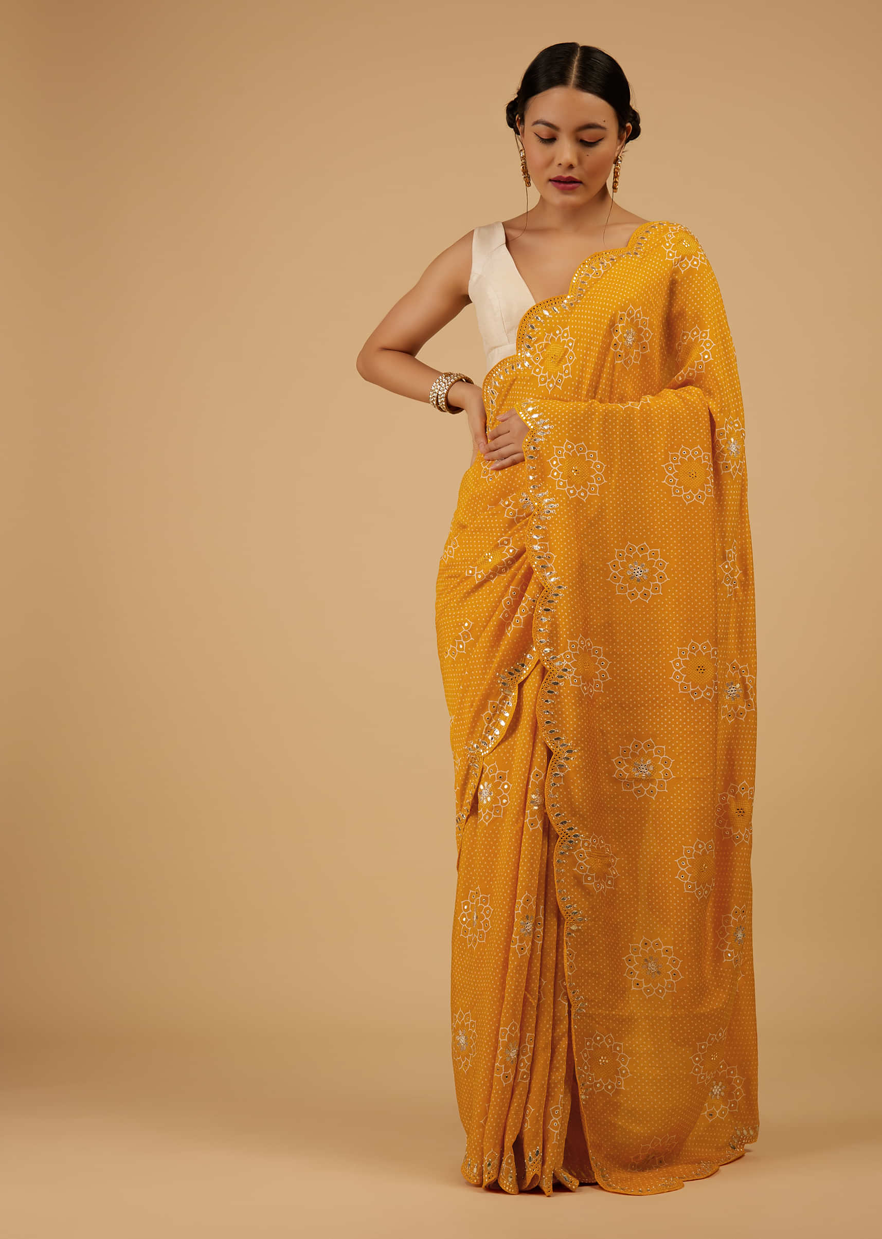 Chrome Yellow Bandhani Saree Embroidered In Muslin
