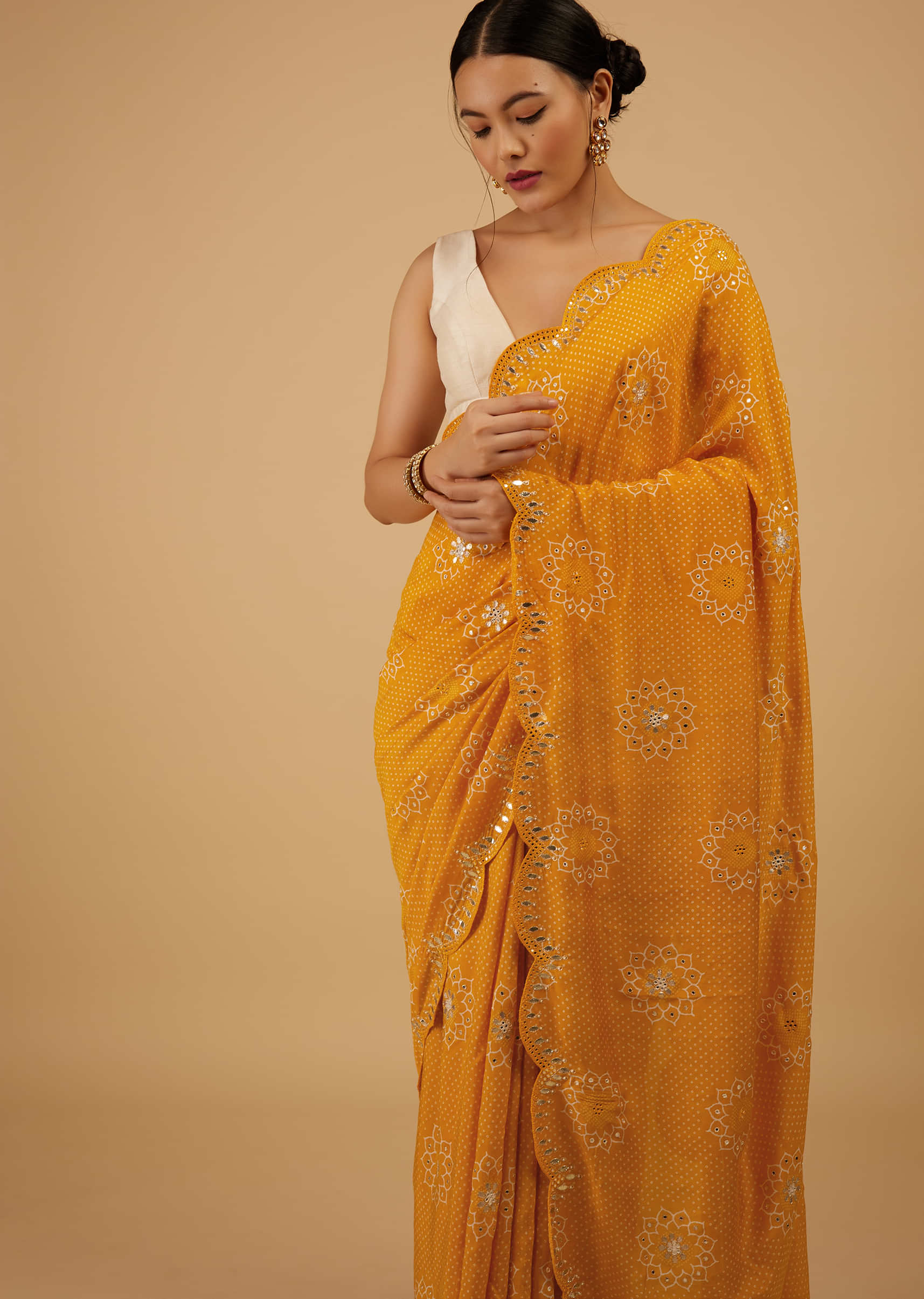 Chrome Yellow Bandhani Saree Embroidered In Muslin