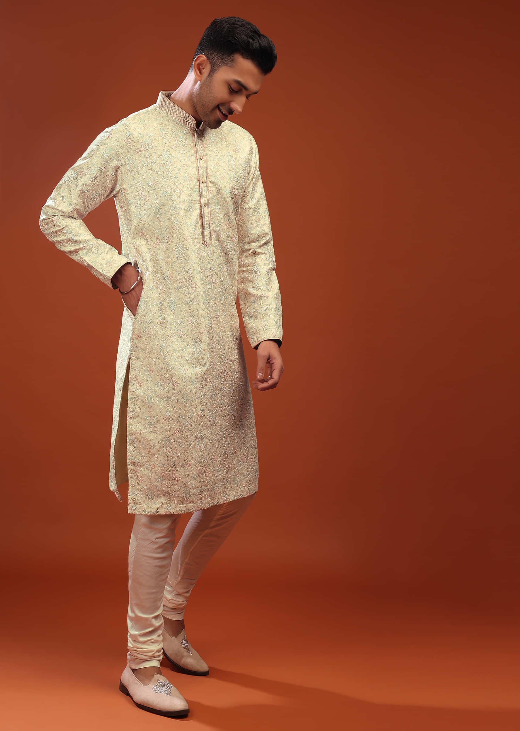 Festive Glass Green Kurta Set In Bangalore Silk With Embroidered Florals