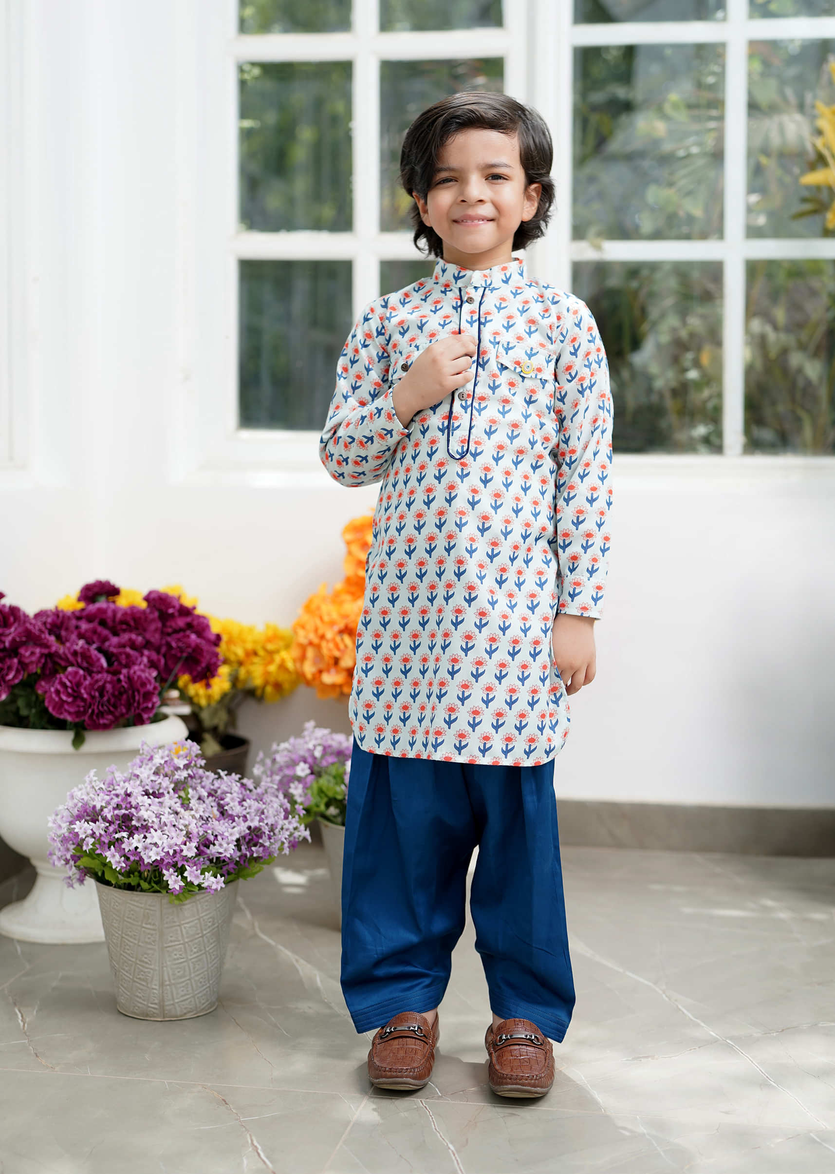 Kalki Festive Blue Salwar Kurta For Boys In Cotton With Orange Butti Print
