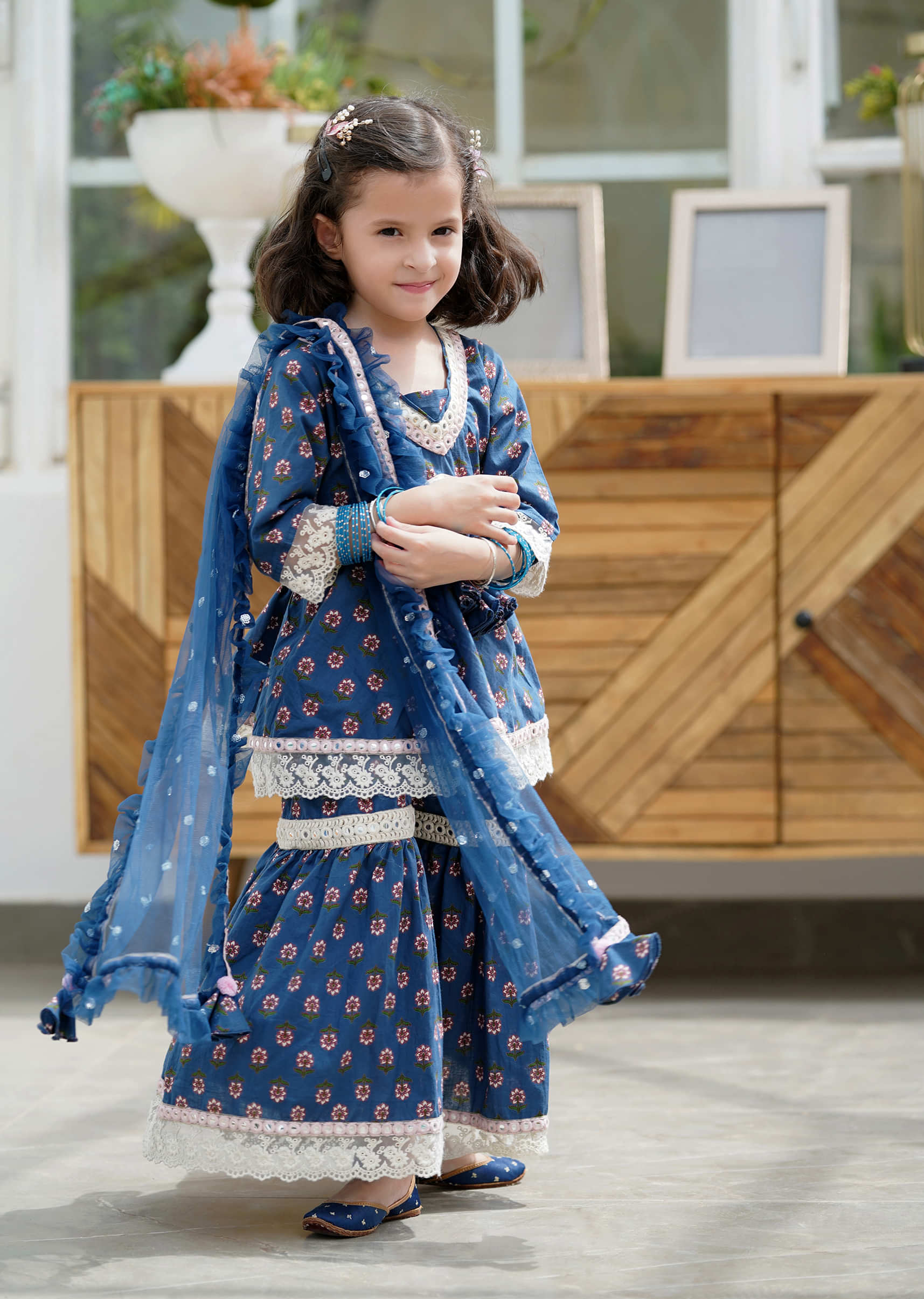 Kalki Festive Blue Sharara Suit Set For Girls In Cotton With Floral Print