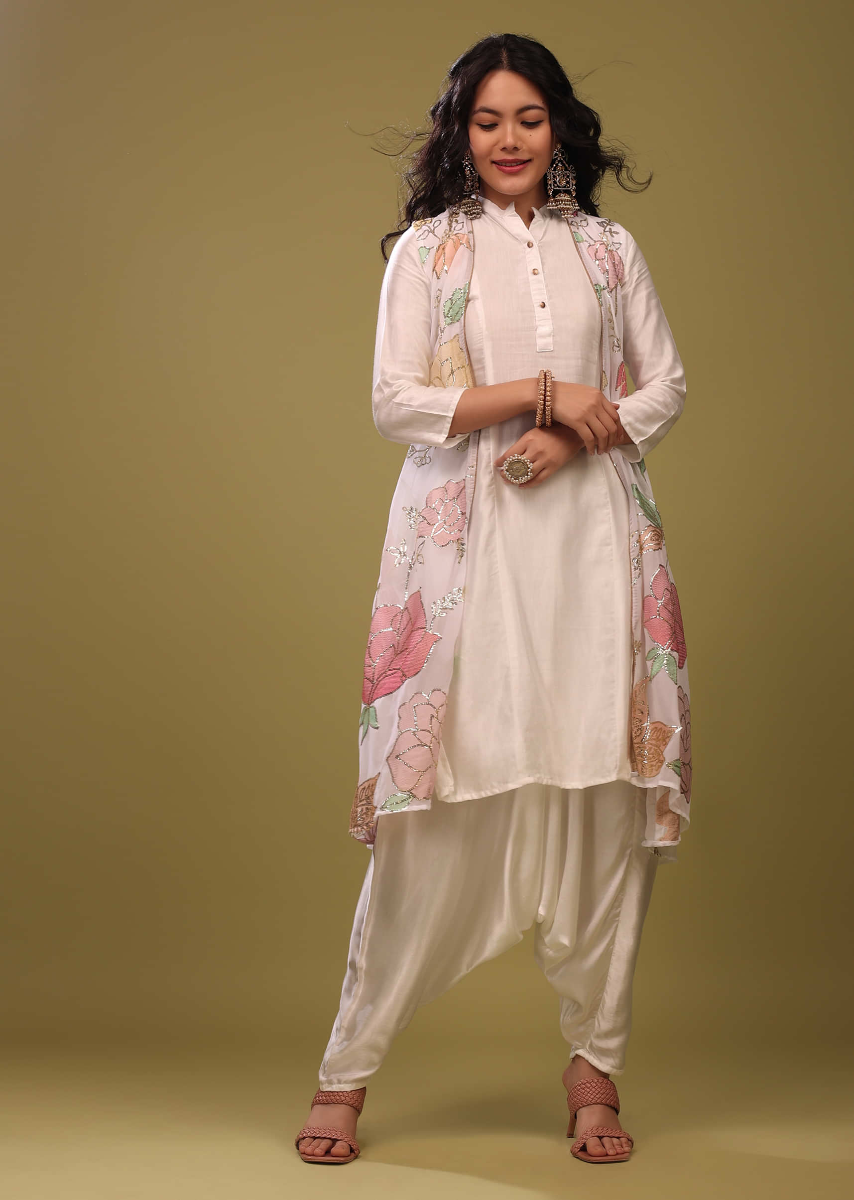 Festive Bright White Princess Kurta With Cowl Pants And An Embroidered Floral Jacket