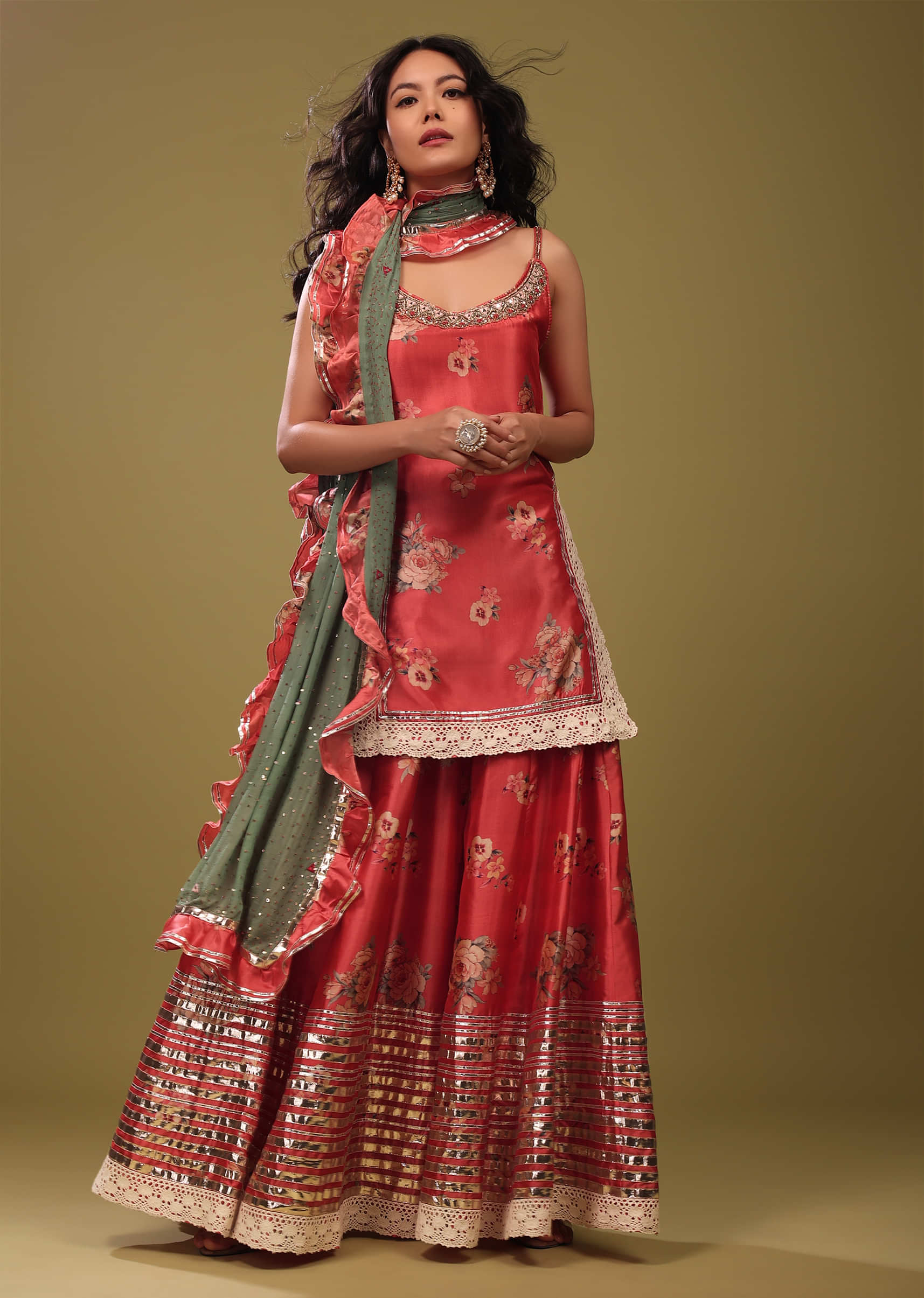 Kalki Festive Cayenne Red Palazzo Suit Set In Silk With A Fancy Frill Dupatta