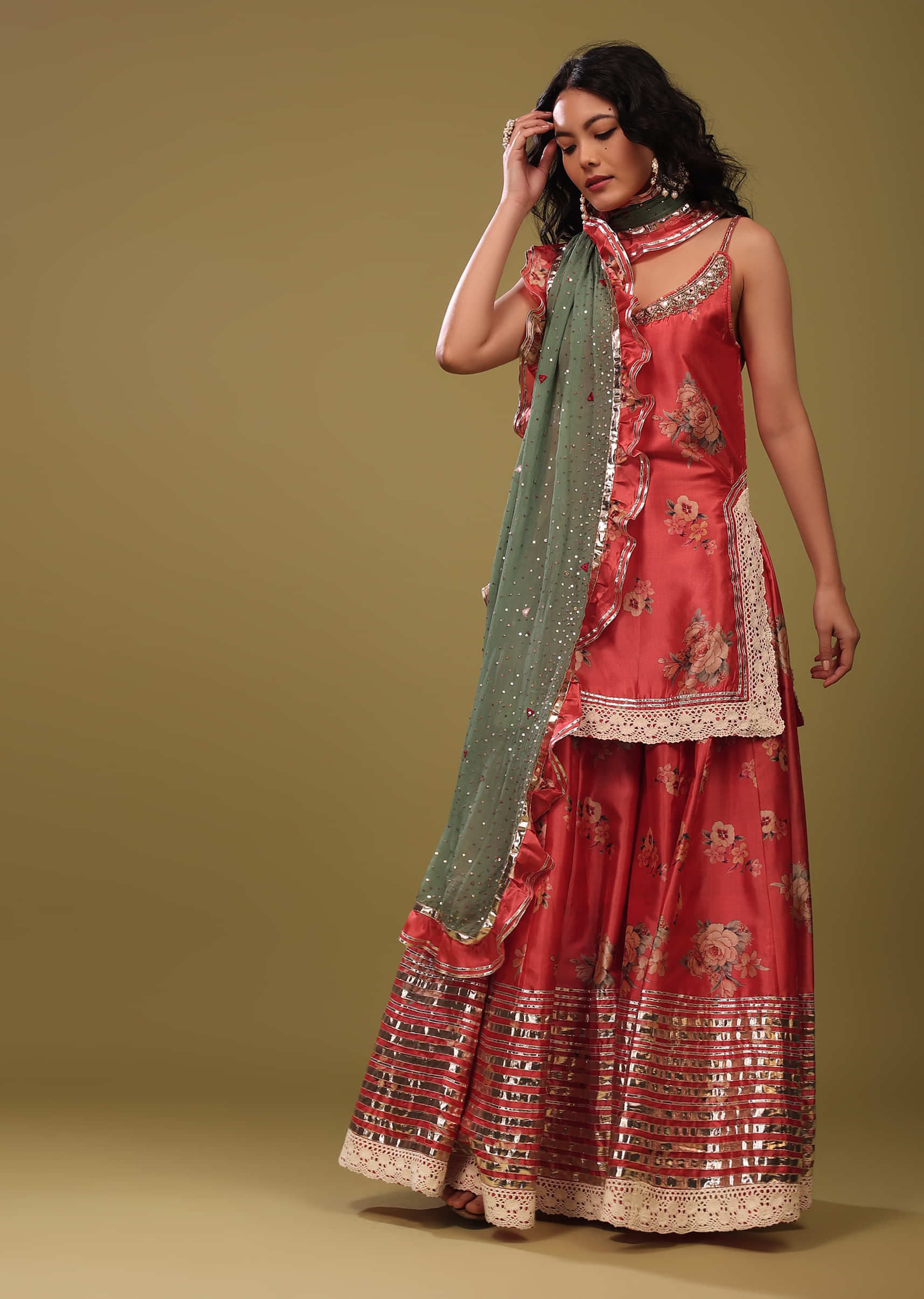 Festive Salmon Red Palazzo Suit Set In Silk With A Fancy Frill Dupatta