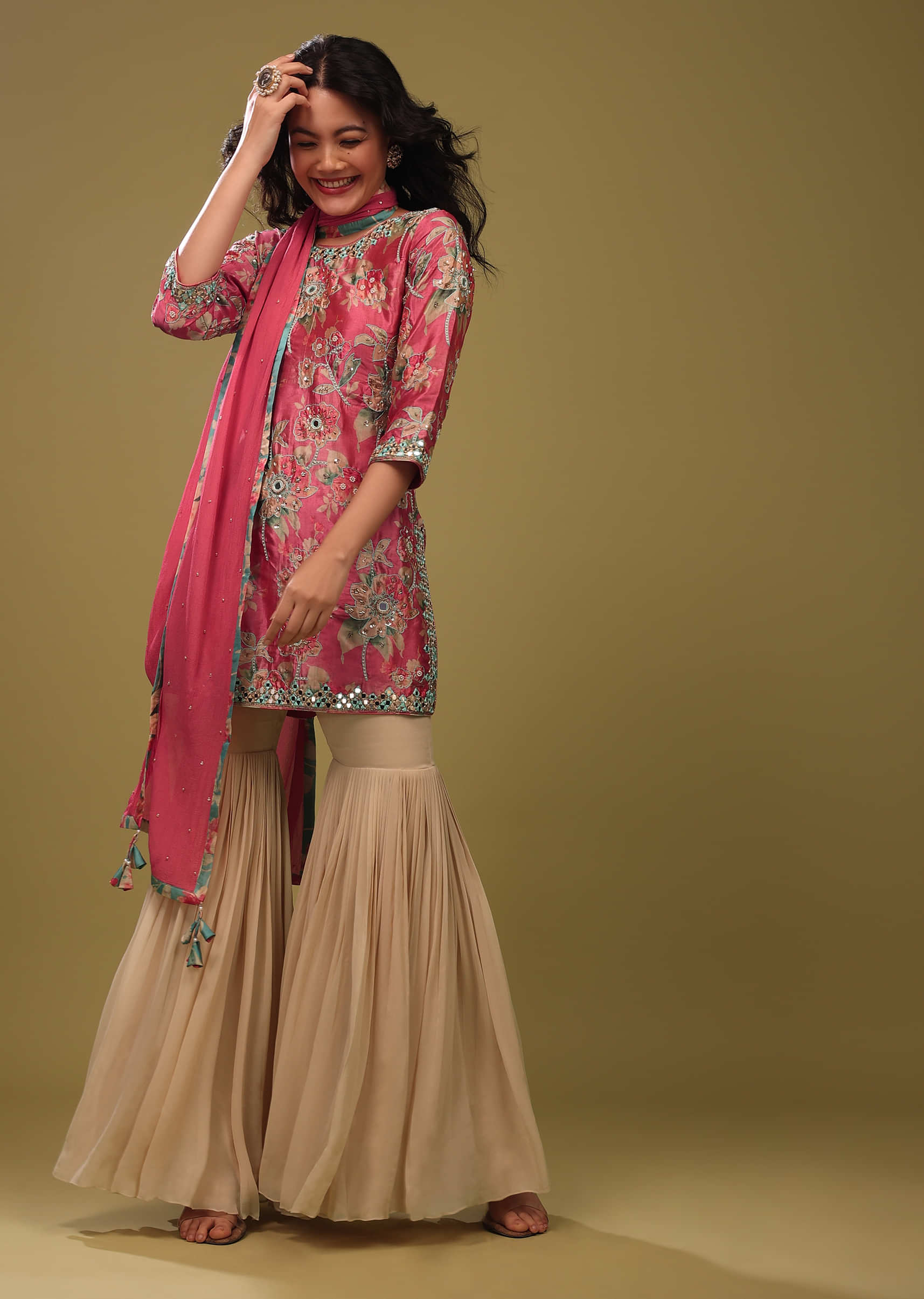 Kalki Festive Confetti Pink Sharara Suit Set In Silk With Floral Print And Embroidery