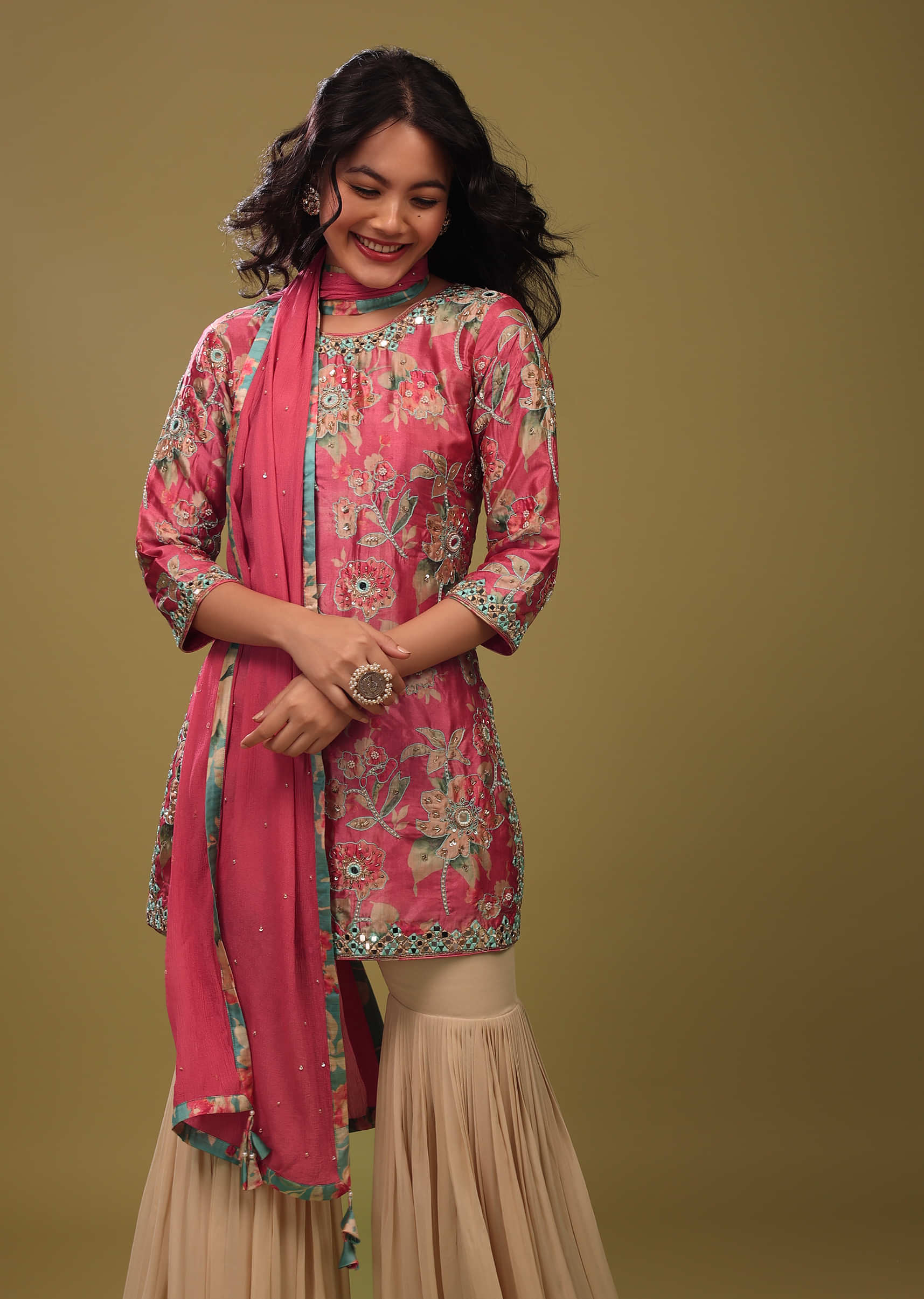 Festive Fuschia Pink Sharara Suit Set In Silk With Floral Print And Embroidery