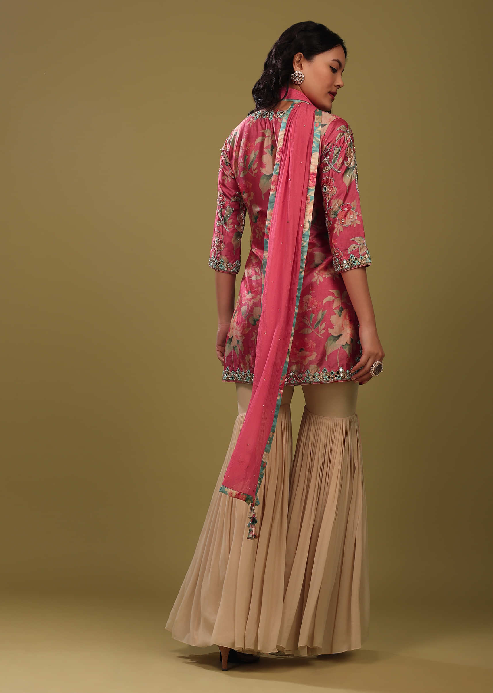 Festive Fuschia Pink Sharara Suit Set In Silk With Floral Print And Embroidery