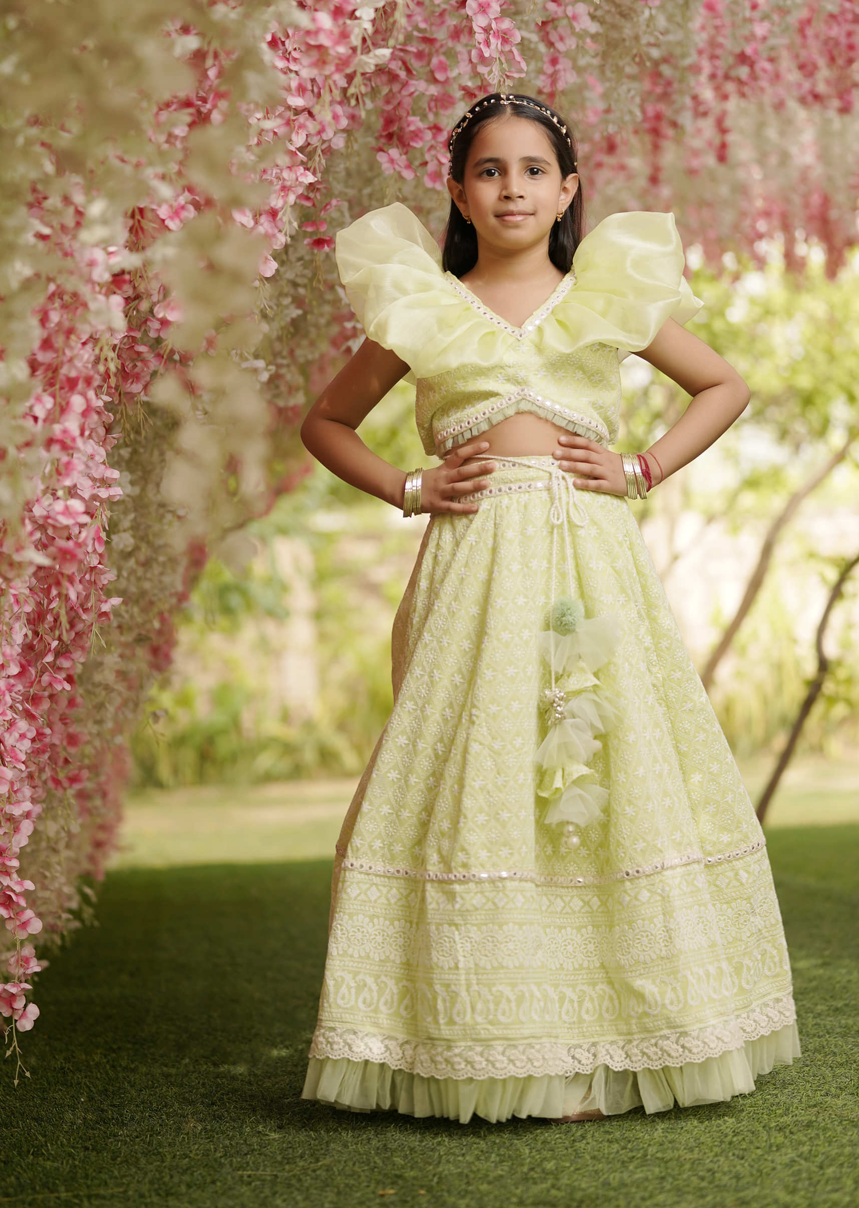 Kalki Festive Green Embroidered Lehenga Choli For Girls In Cotton With Fancy Organza Frill