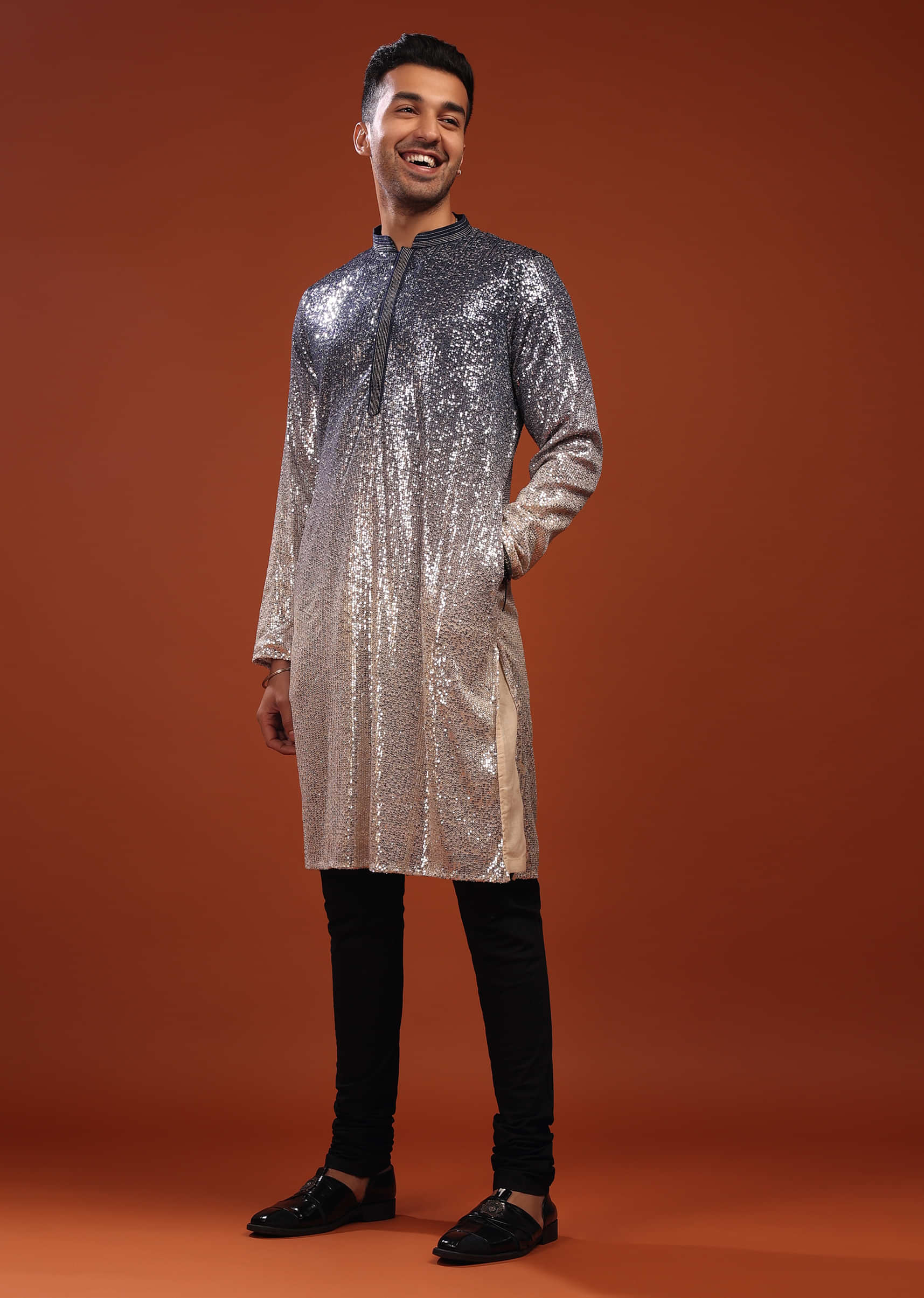 Festive Kurta Set In And A Gradient Shade Of Silver & Blue With Full Sequin Embroidery