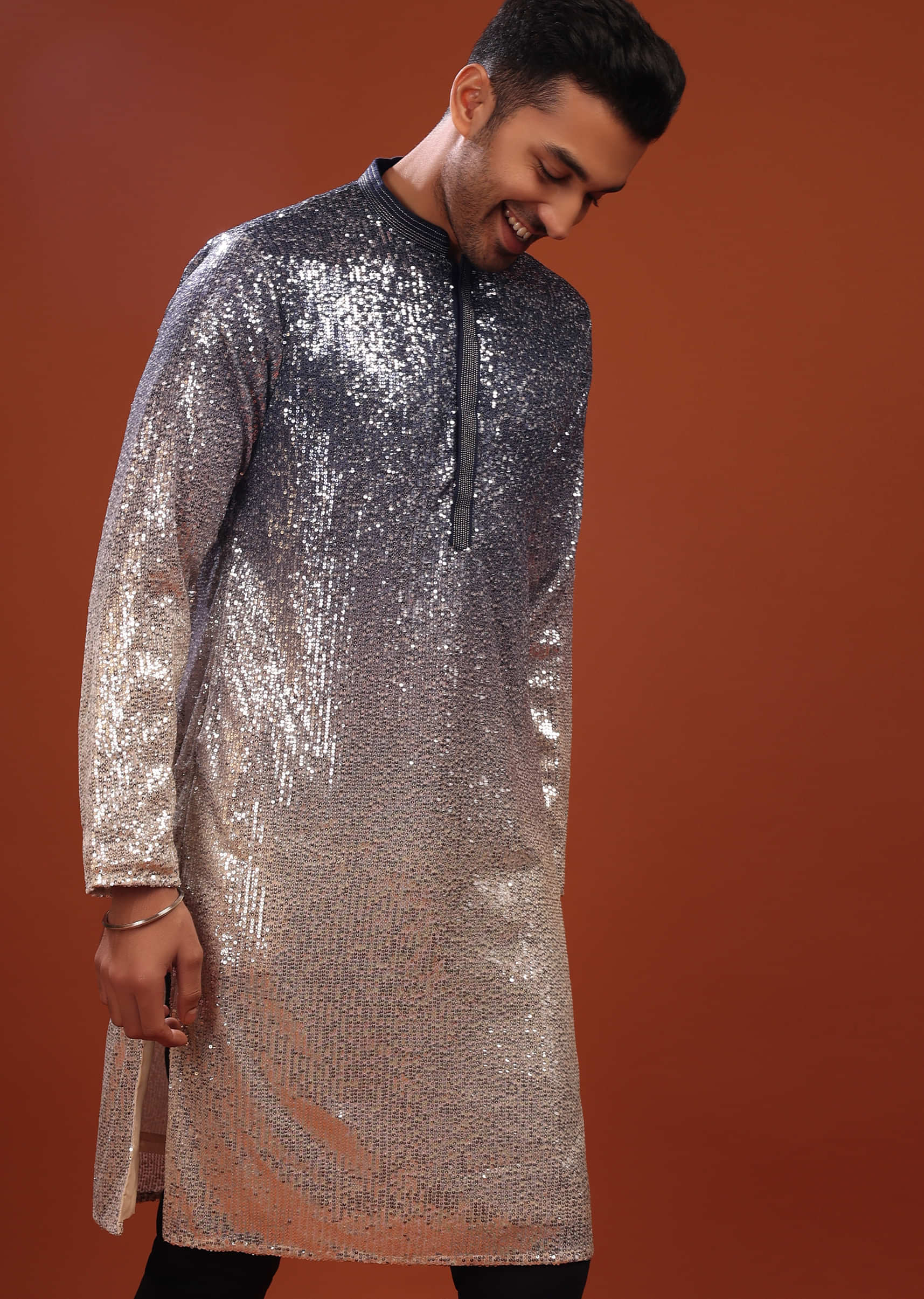 Festive Kurta Set In And A Gradient Shade Of Silver & Blue With Full Sequin Embroidery