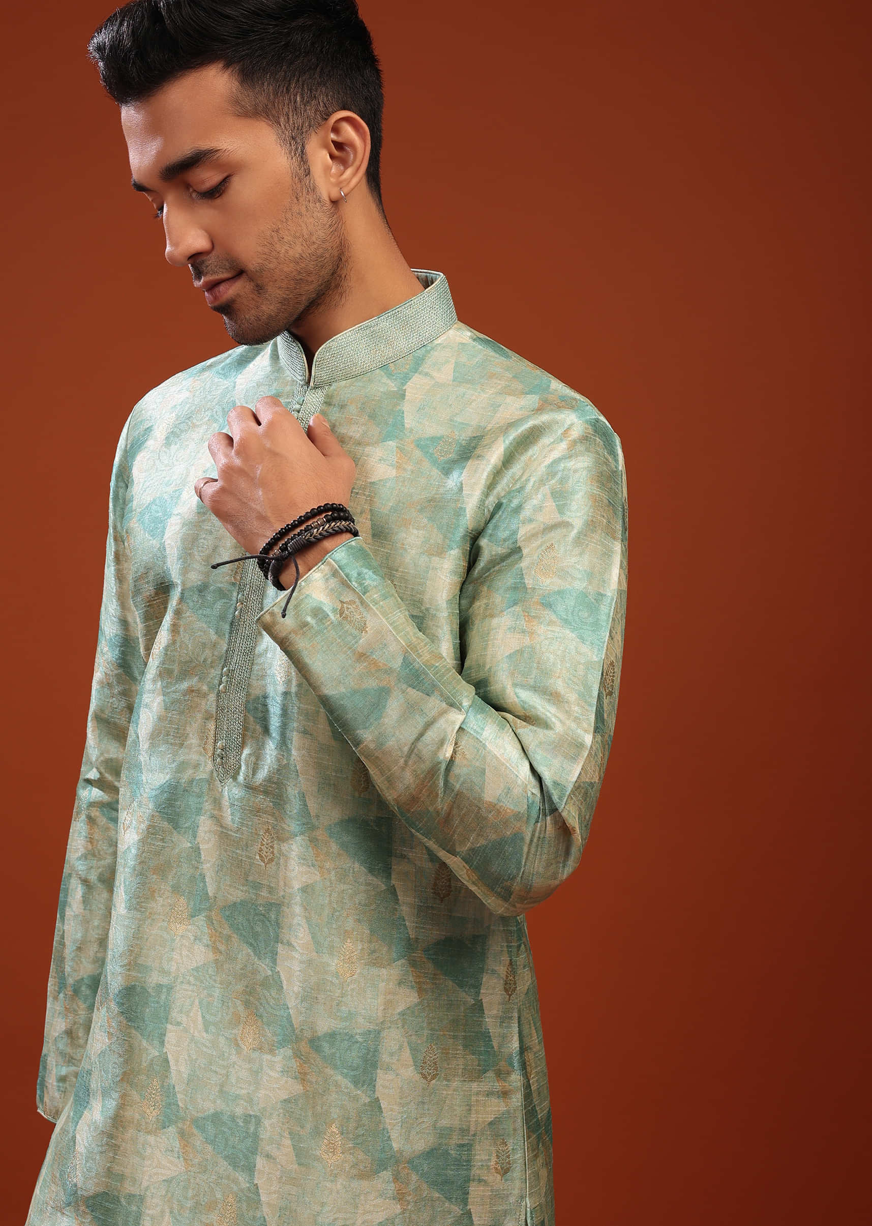 Buy Light Sea Green Kurta Set In Bangalore Silk With Print And Brocade  Weave Buttis