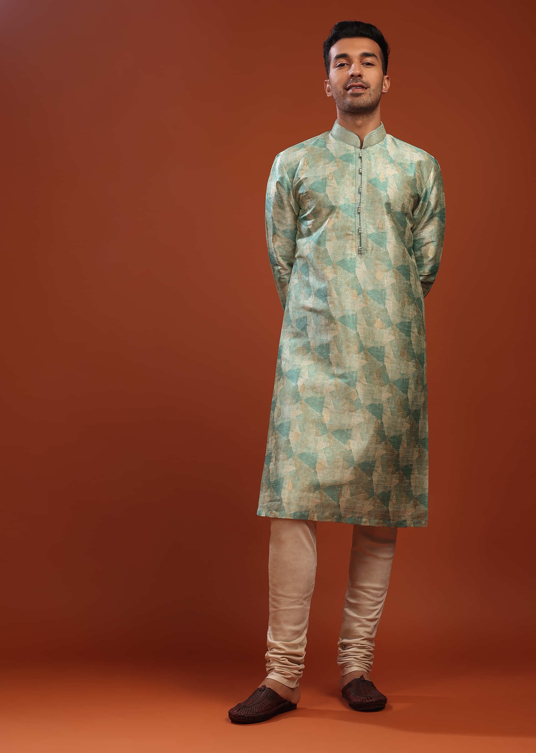 Light Sea Green Kurta Set In Bangalore Silk With Print And Brocade Weave Buttis