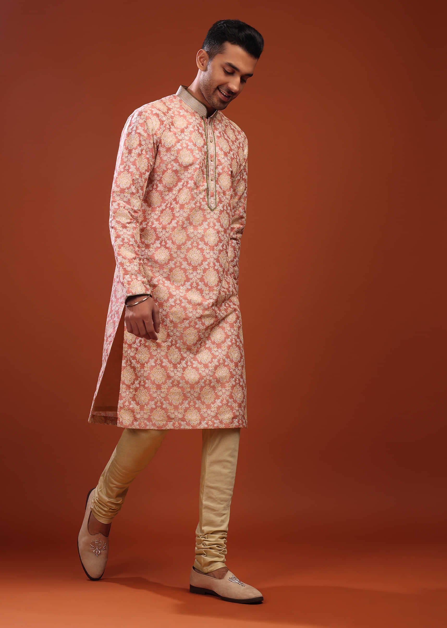 Salmon Pink Kurta Set In Bangalore Silk With Embroidered Florals