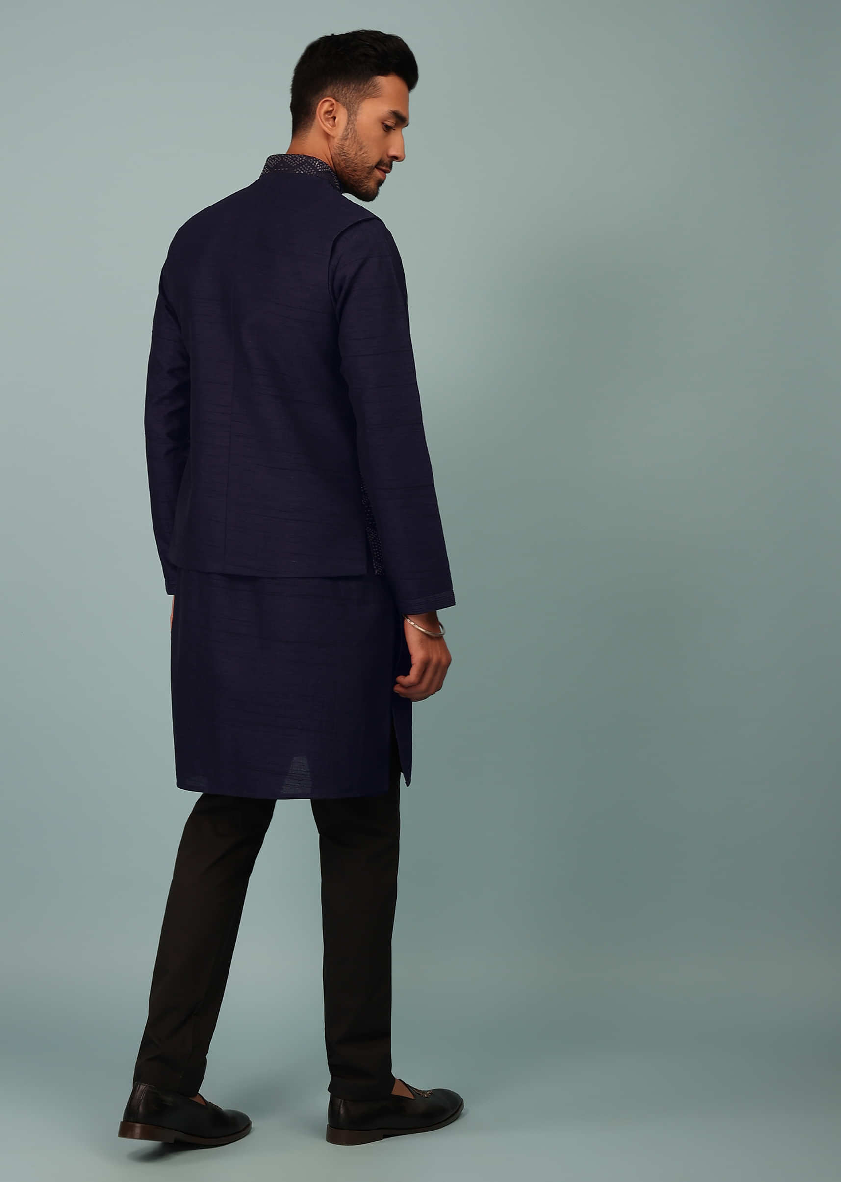 Navy Blue Bandi Jacket Set In Silk With Cocktail Sequins Embroidery