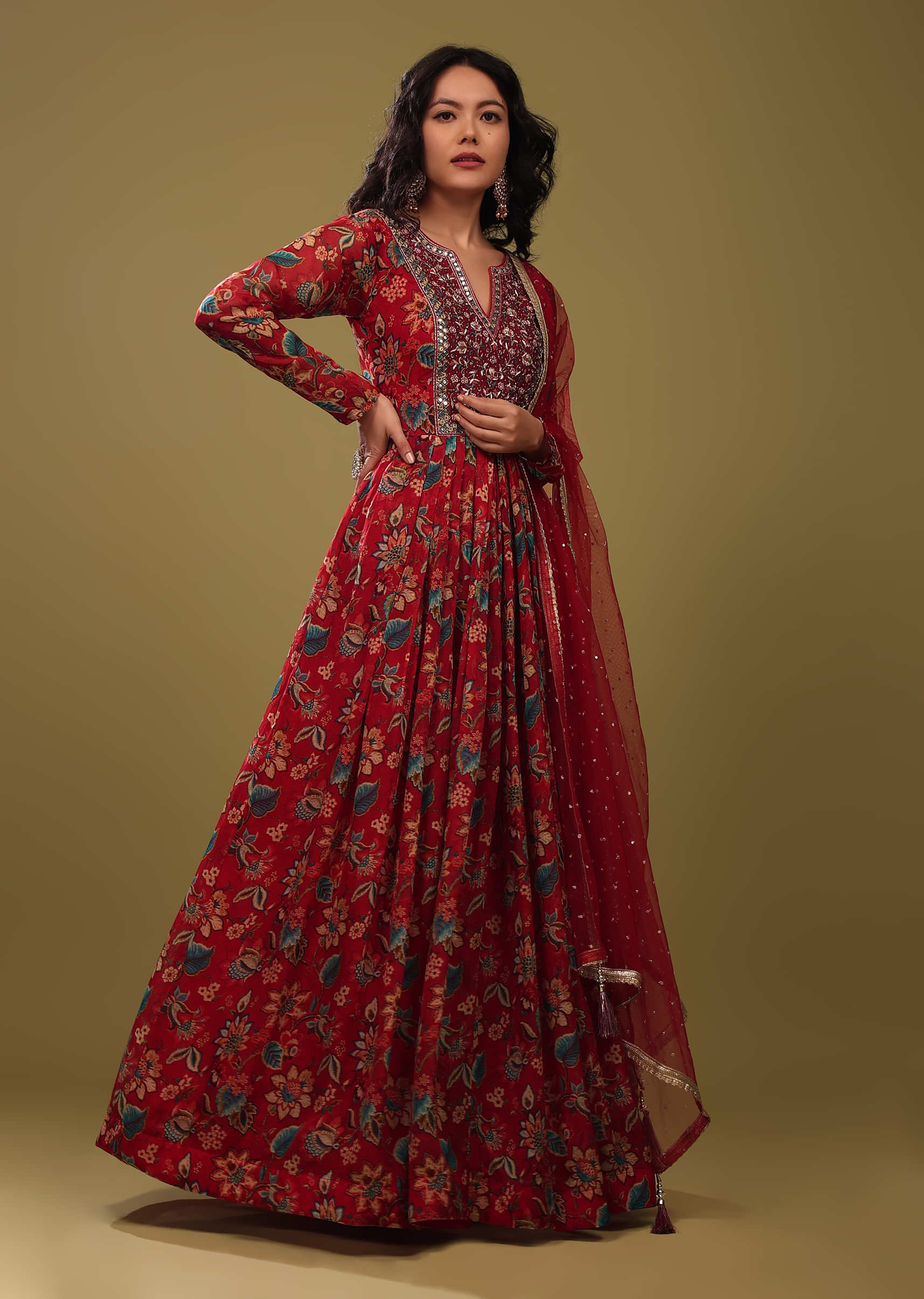 Festive Multicolor Anarkali Suit In Floral Print & Embroidery