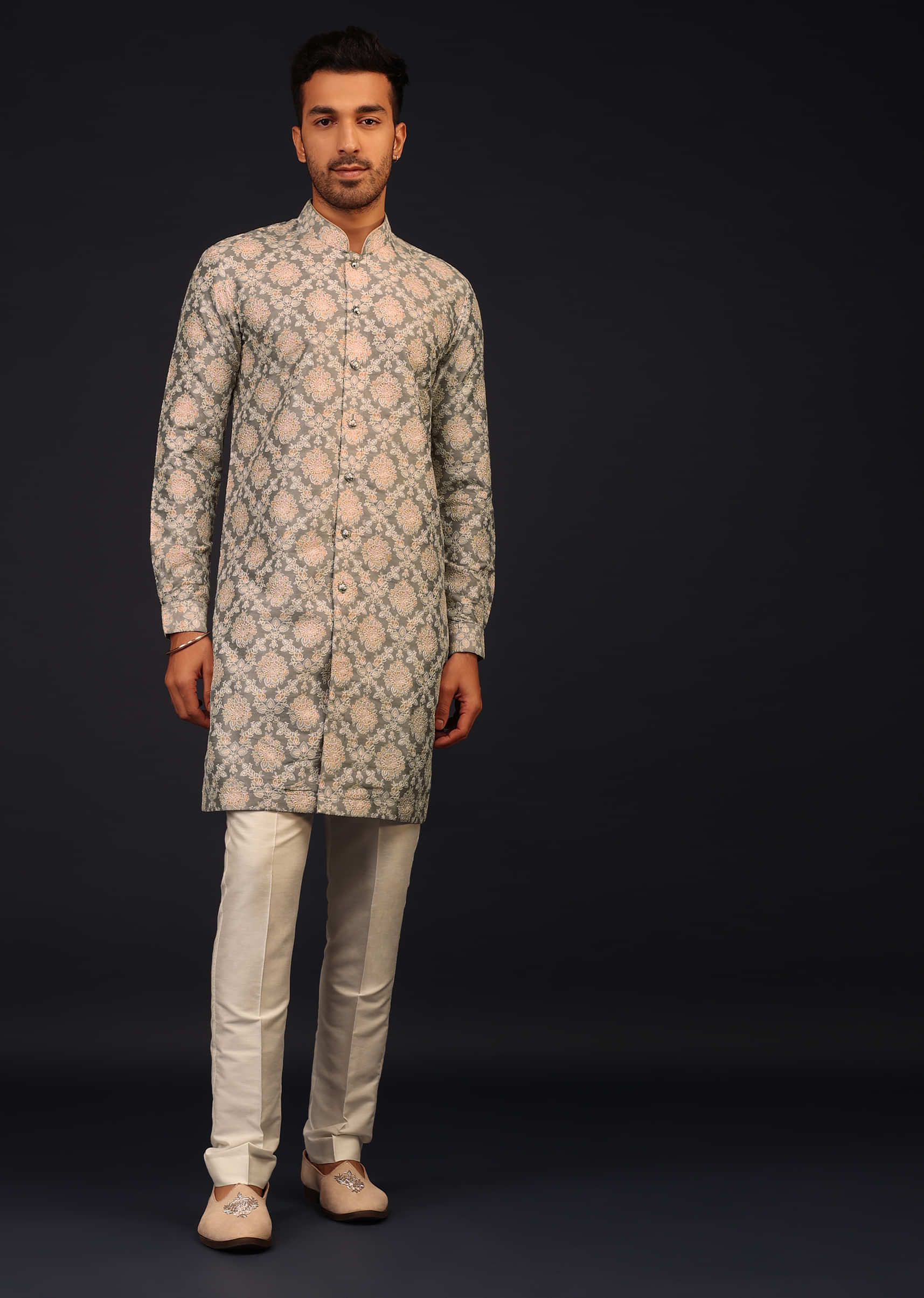 Fog Grey Kurta Set In Bangalore Silk With Embroidered Florals