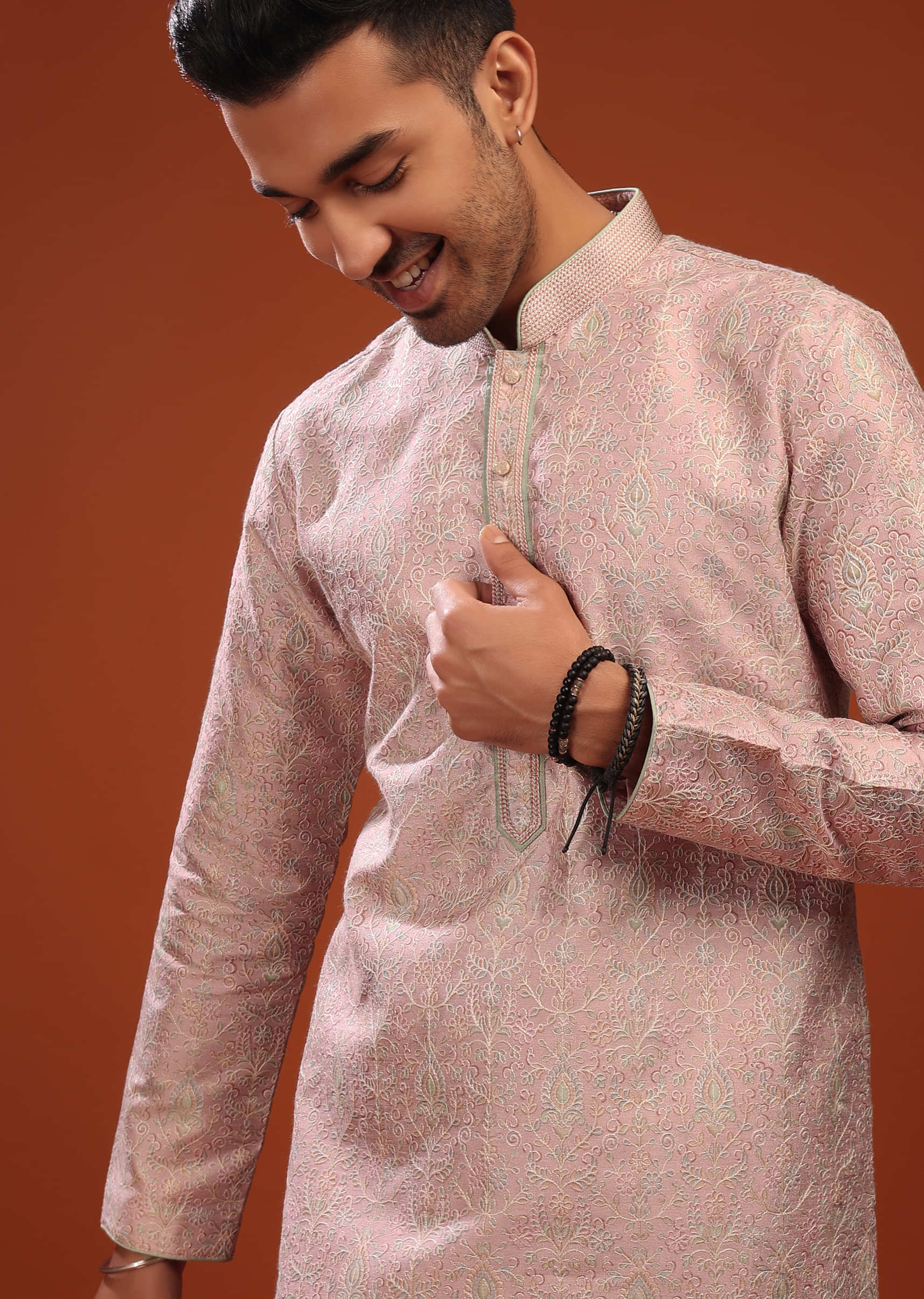 Blush Pink Kurta Set In Bangalore Silk With Embroidered Florals