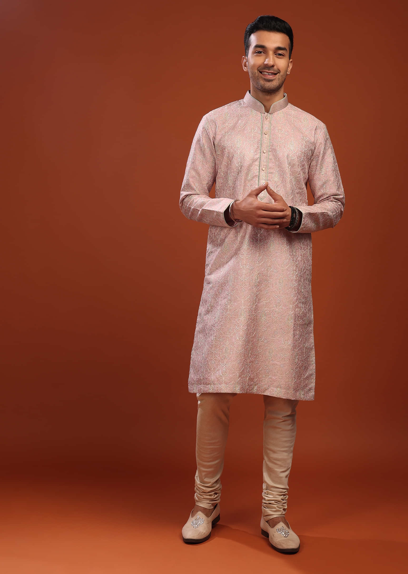 Blush Pink Kurta Set In Bangalore Silk With Embroidered Florals