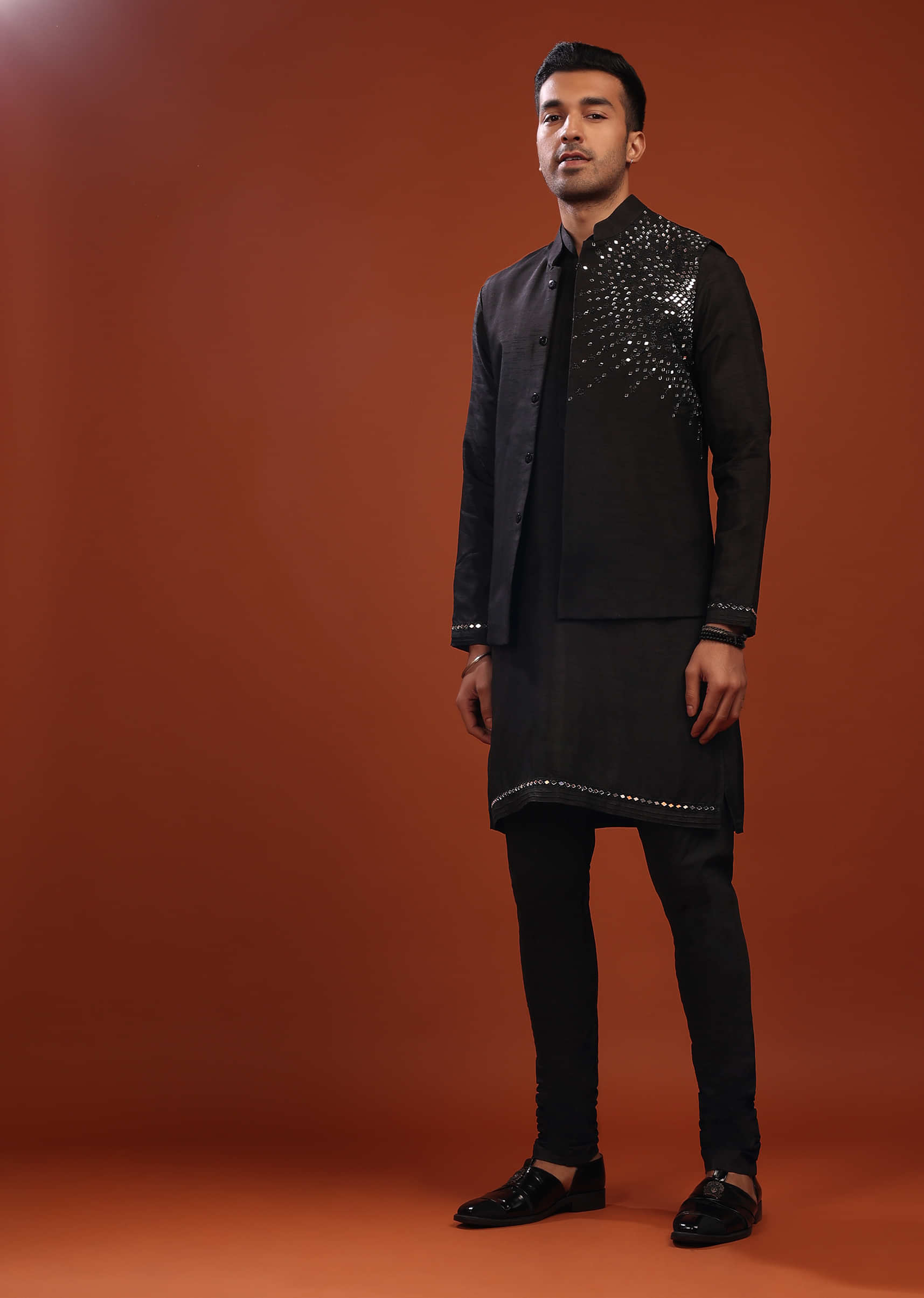 Black Bandi Jacket Set In Mysore Silk With Mirror Embroidery
