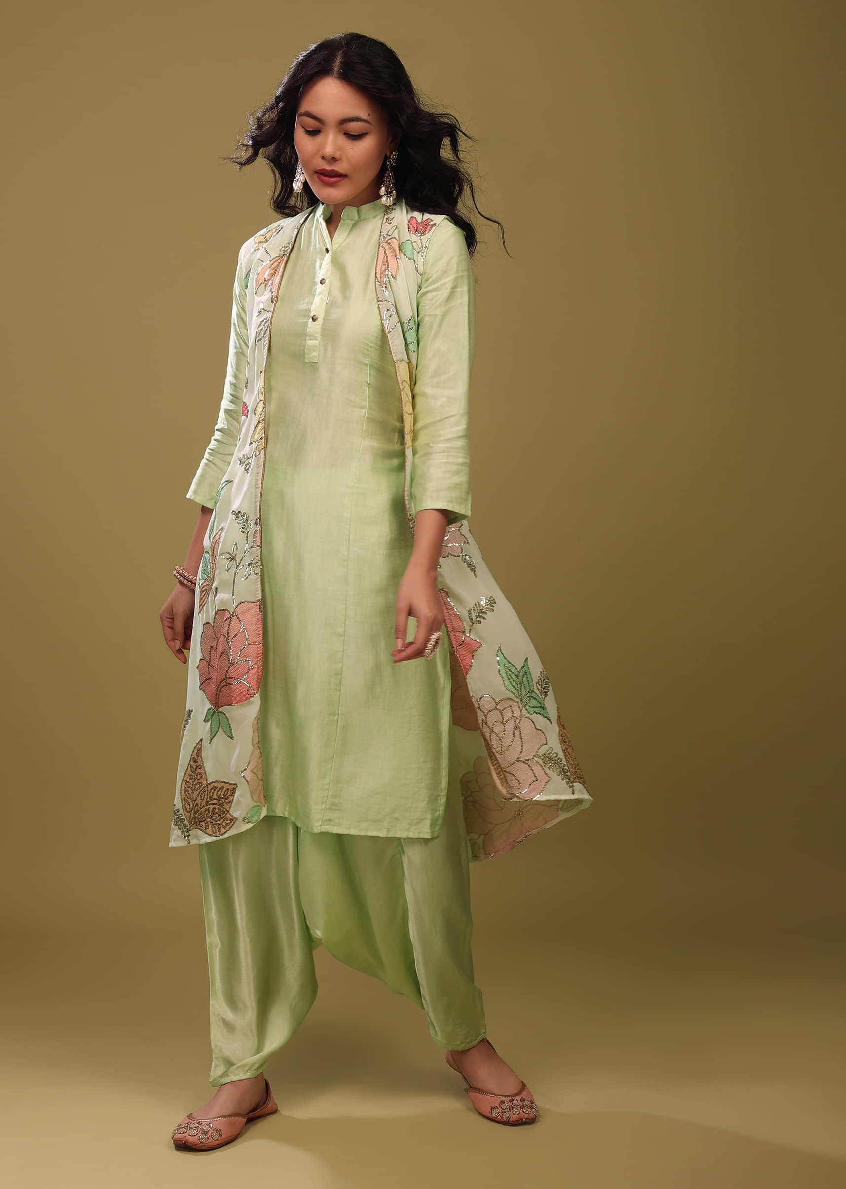 Festive Pista Green Princess Kurta With Cowl Pants And An Embroidered Floral Jacket
