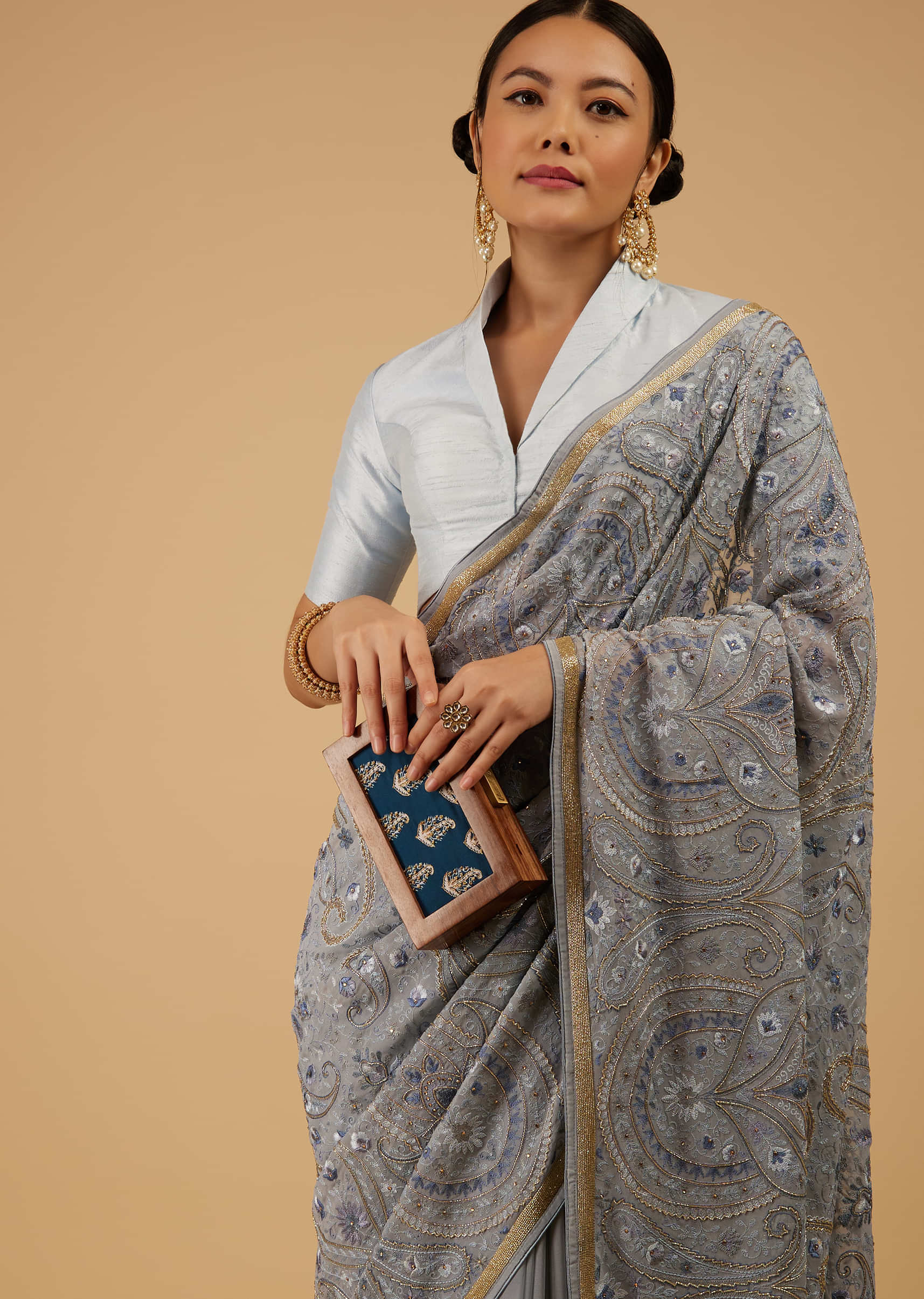 Powder Blue Saree Kashmiri Embroidered In Georgette