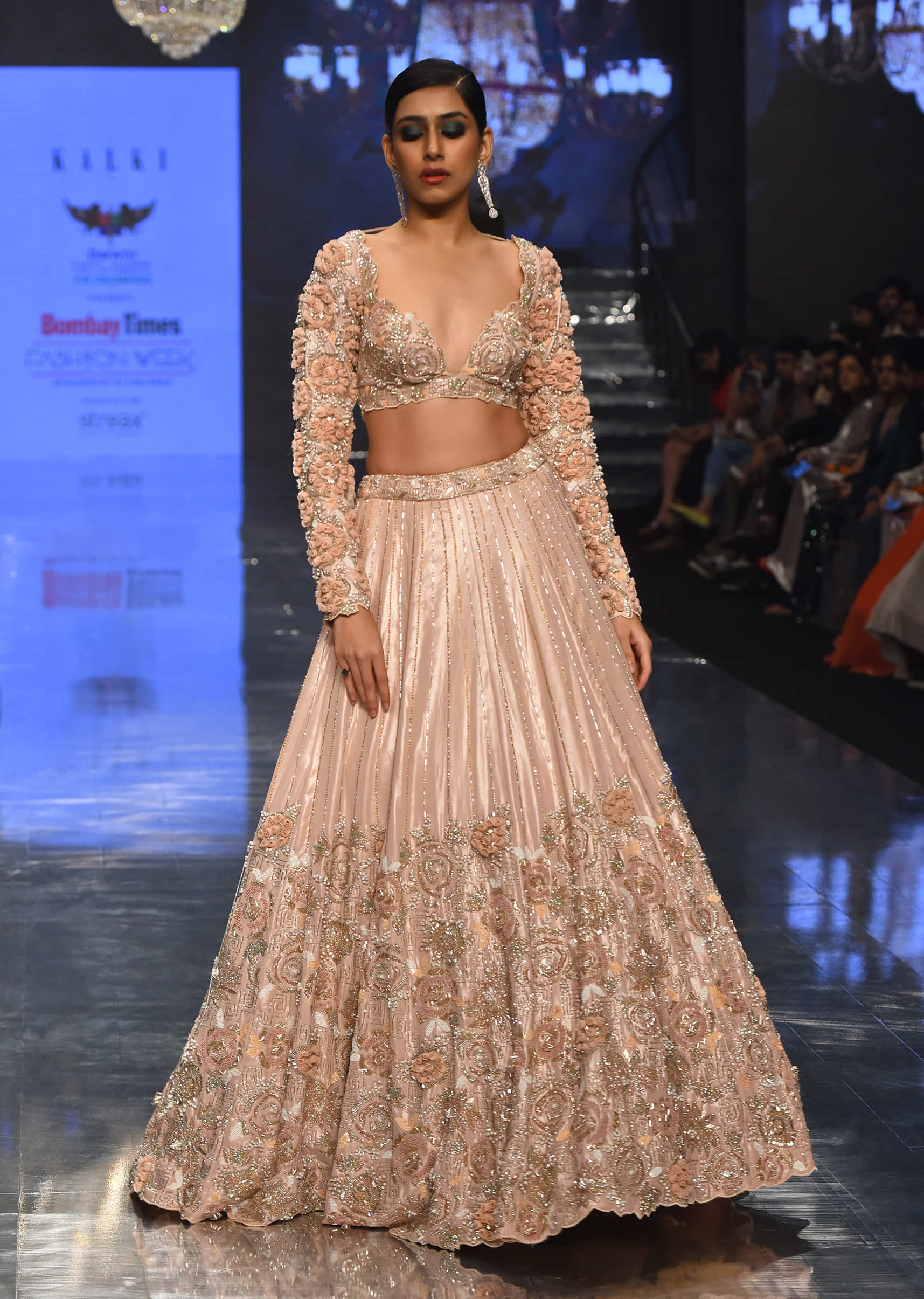 Kalki Festive Silver Pink Peony Lehenga Set In Organza With 3D Floral Embroidery - NOOR 2022