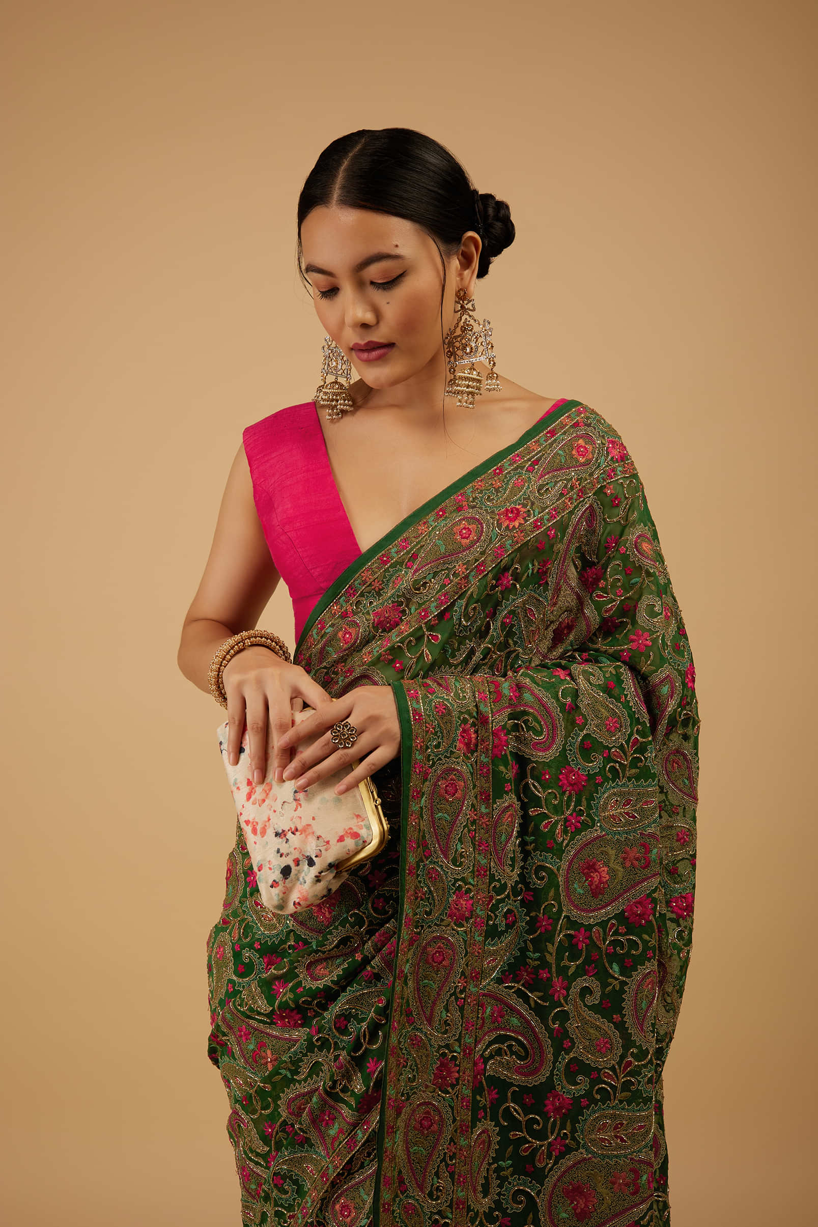 Deep Green Saree Kashmiri Embroidered In Georgette