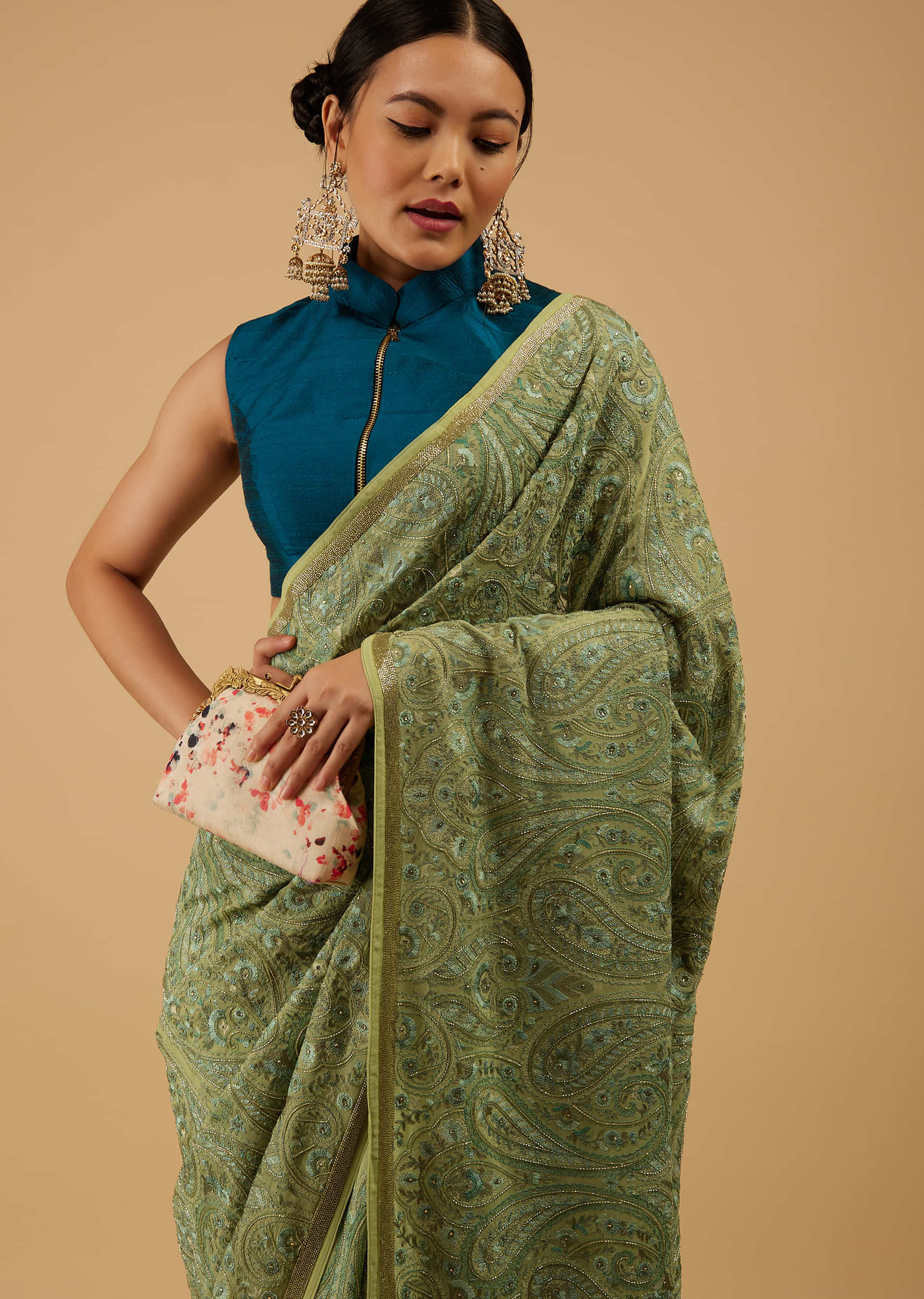 Buy Festive Pista Green Saree Kashmiri Embroidered In Georgette KALKI  Fashion India