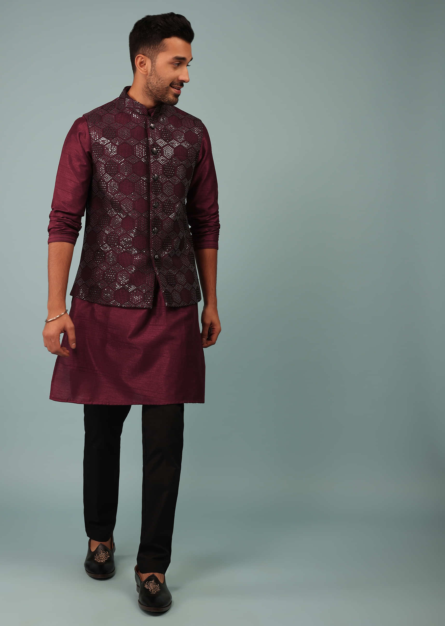Kalki Festive Tibetan Red Bandi Jacket Set In Silk With Cocktail Sequins Embroidery