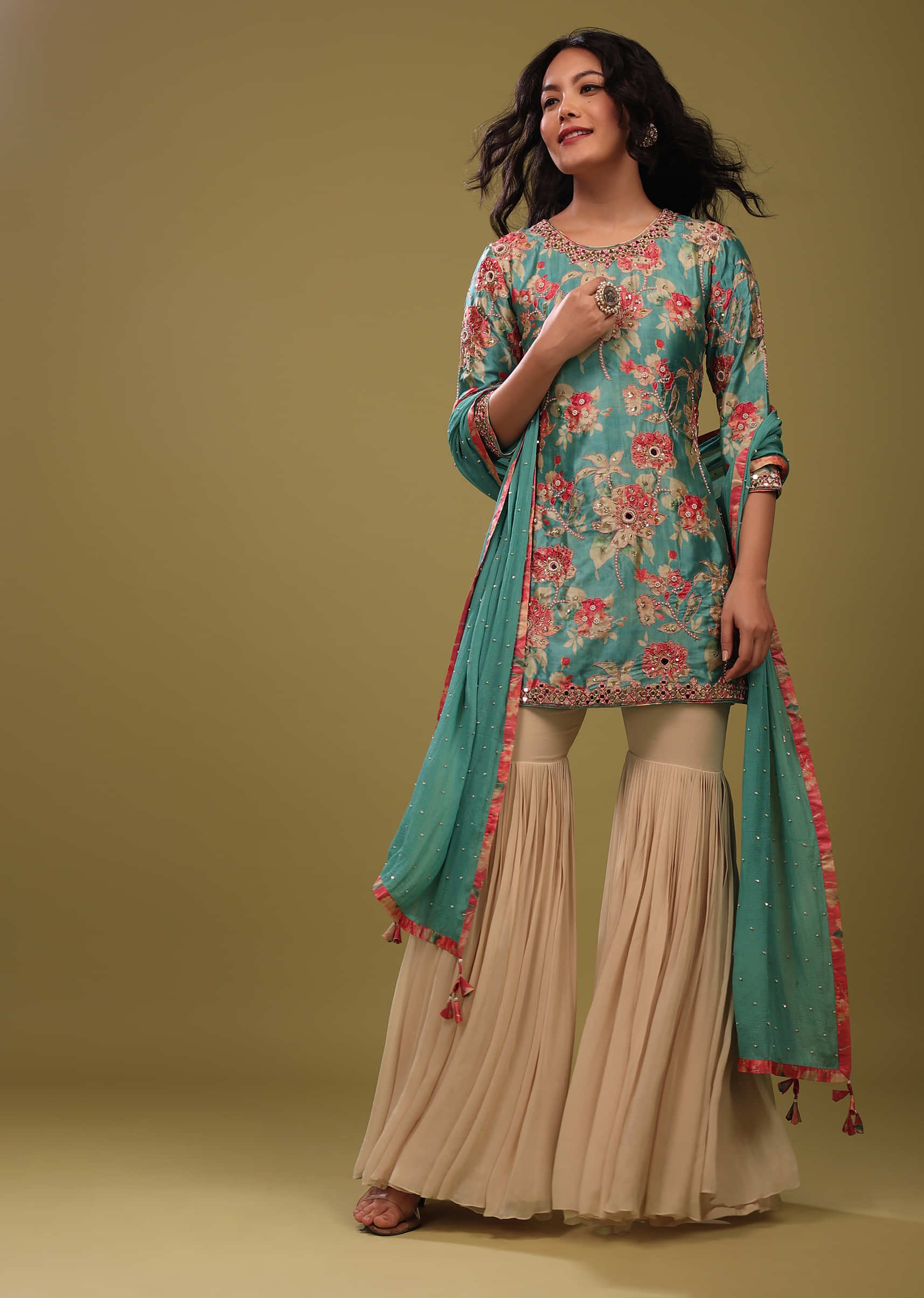 Kalki Festive Turquoise Blue Sharara Suit Set In Silk With Floral Print And Embroidery