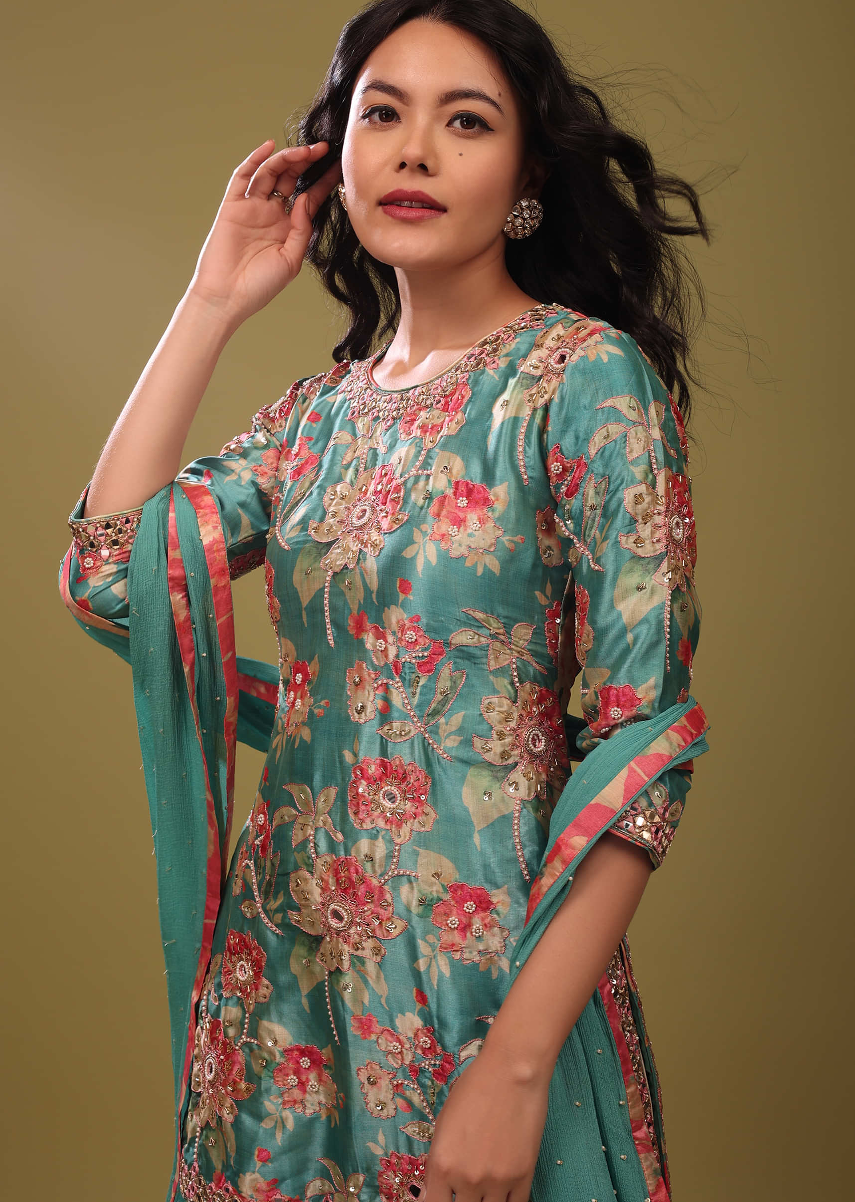 Festive Mint Blue Sharara Suit Set In Silk With Floral Print And Embroidery