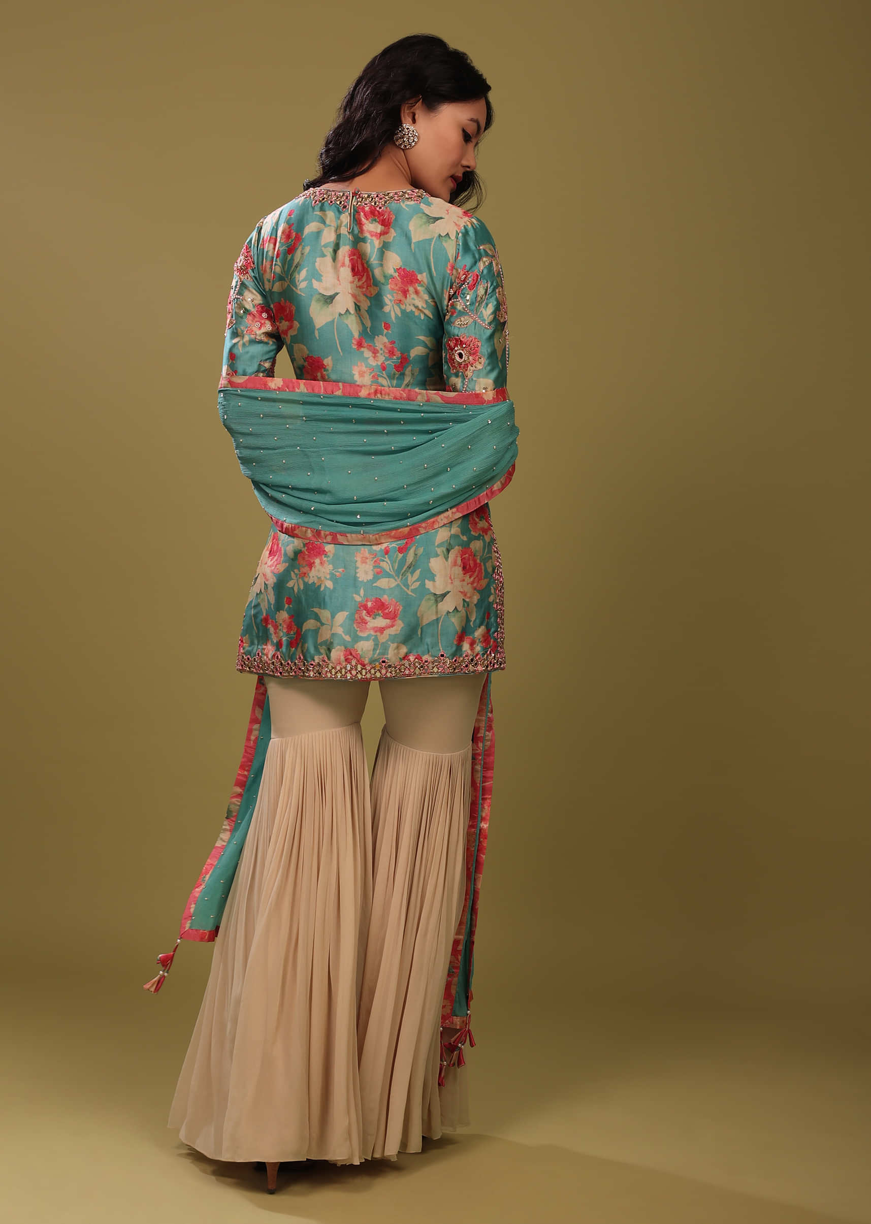 Festive Mint Blue Sharara Suit Set In Silk With Floral Print And Embroidery