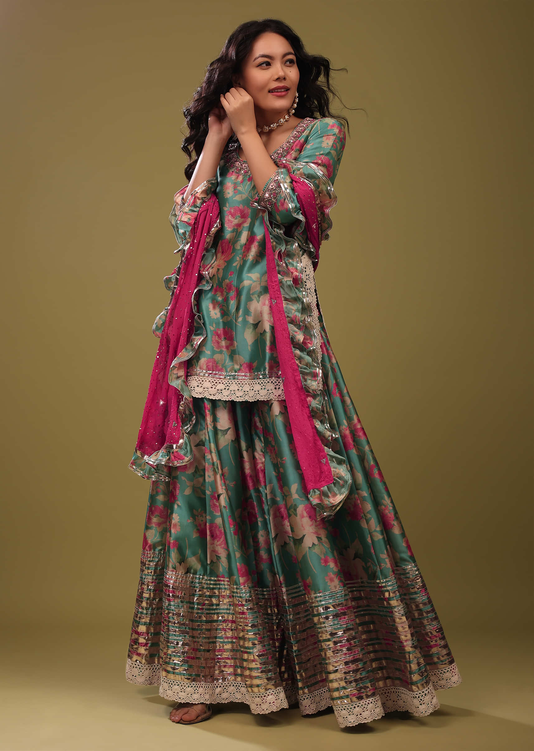 Festive Mint Blue Palazzo Suit Set In Silk With A Fancy Frill Dupatta