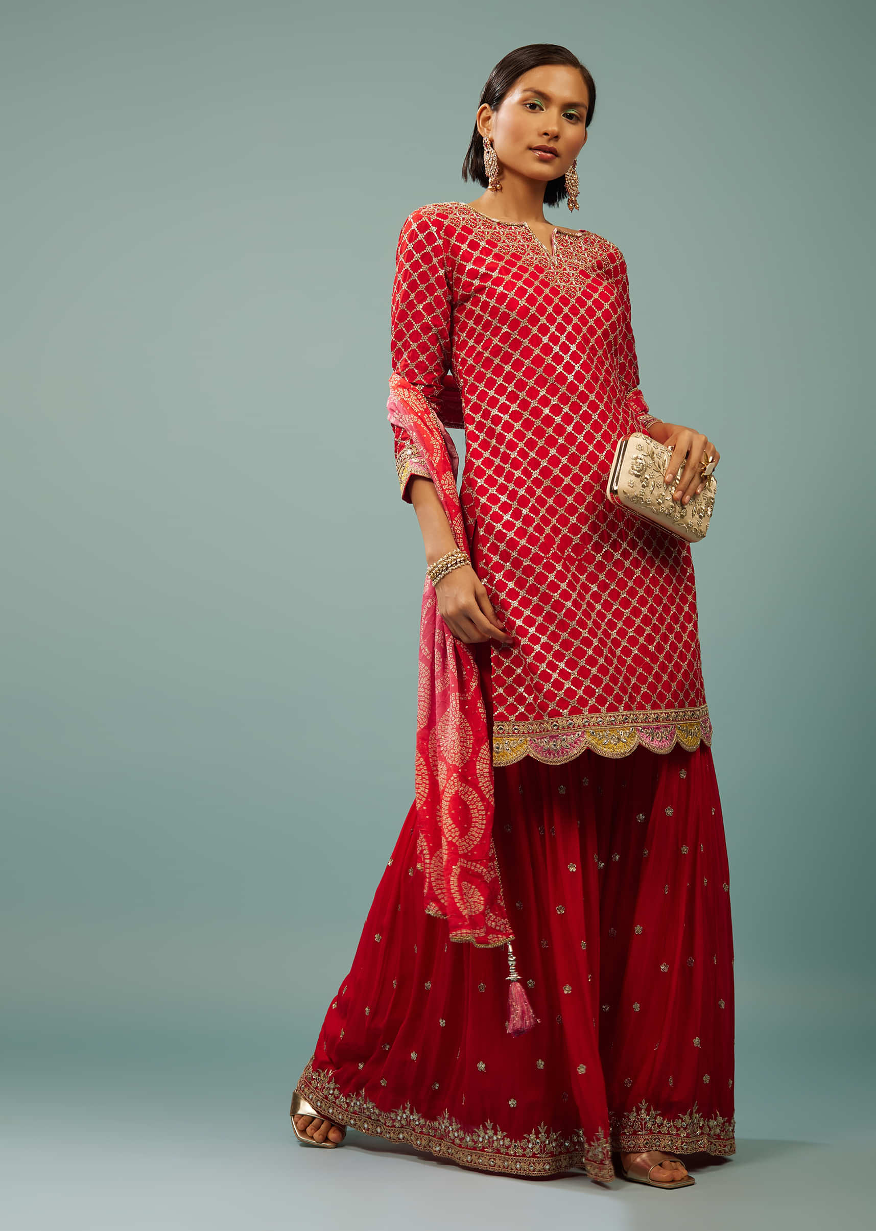Fiery Red Sharara Suit With Embroidery And Bandhani Dupatta