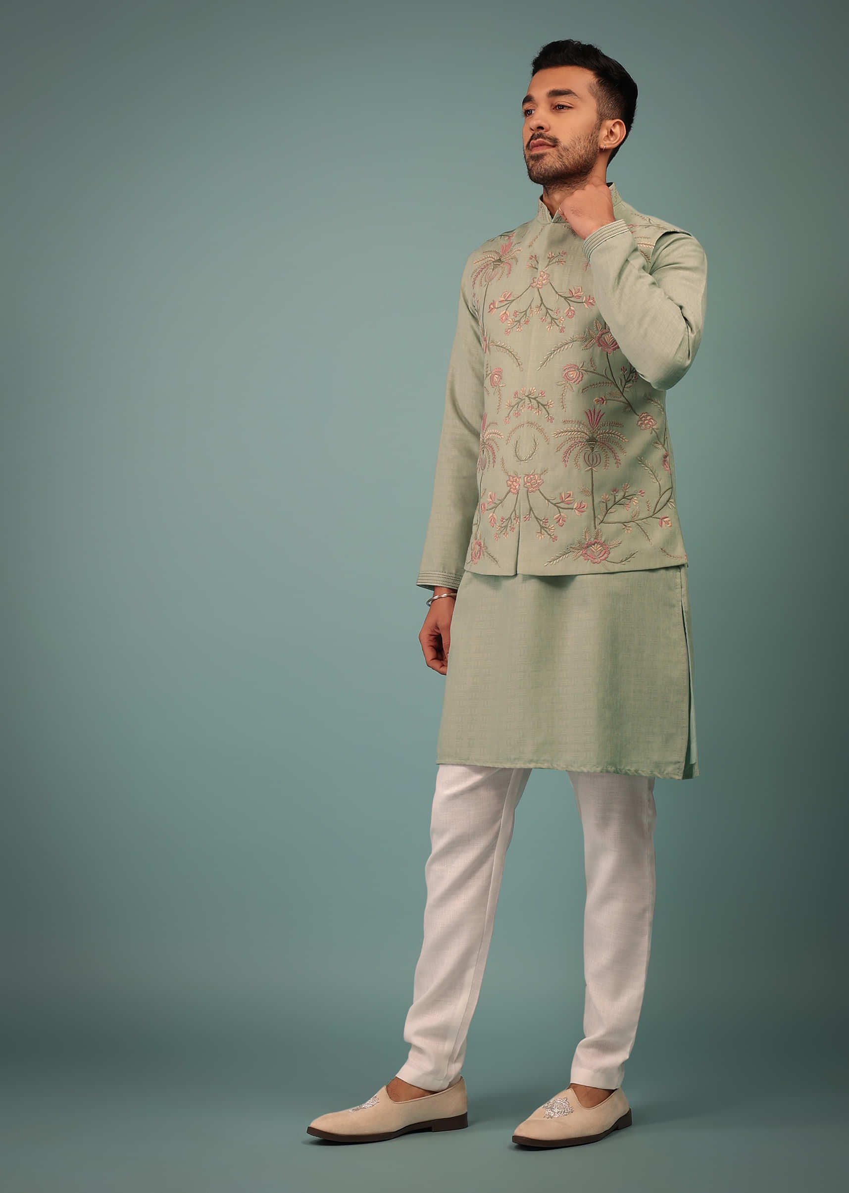 Fog Green Bandi Jacket Set In Handloom With Multicolor Floral Jaal Embroidery