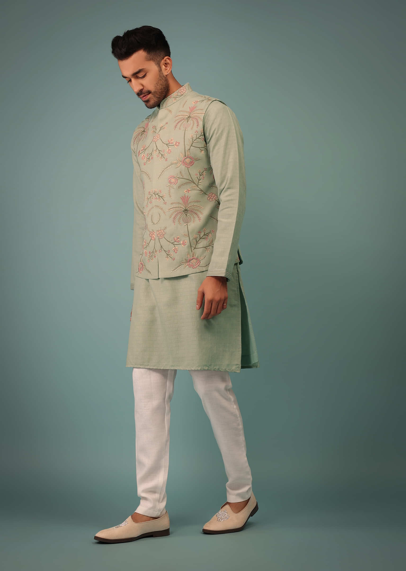 Fog Green Bandi Jacket Set In Handloom With Multicolor Floral Jaal Embroidery