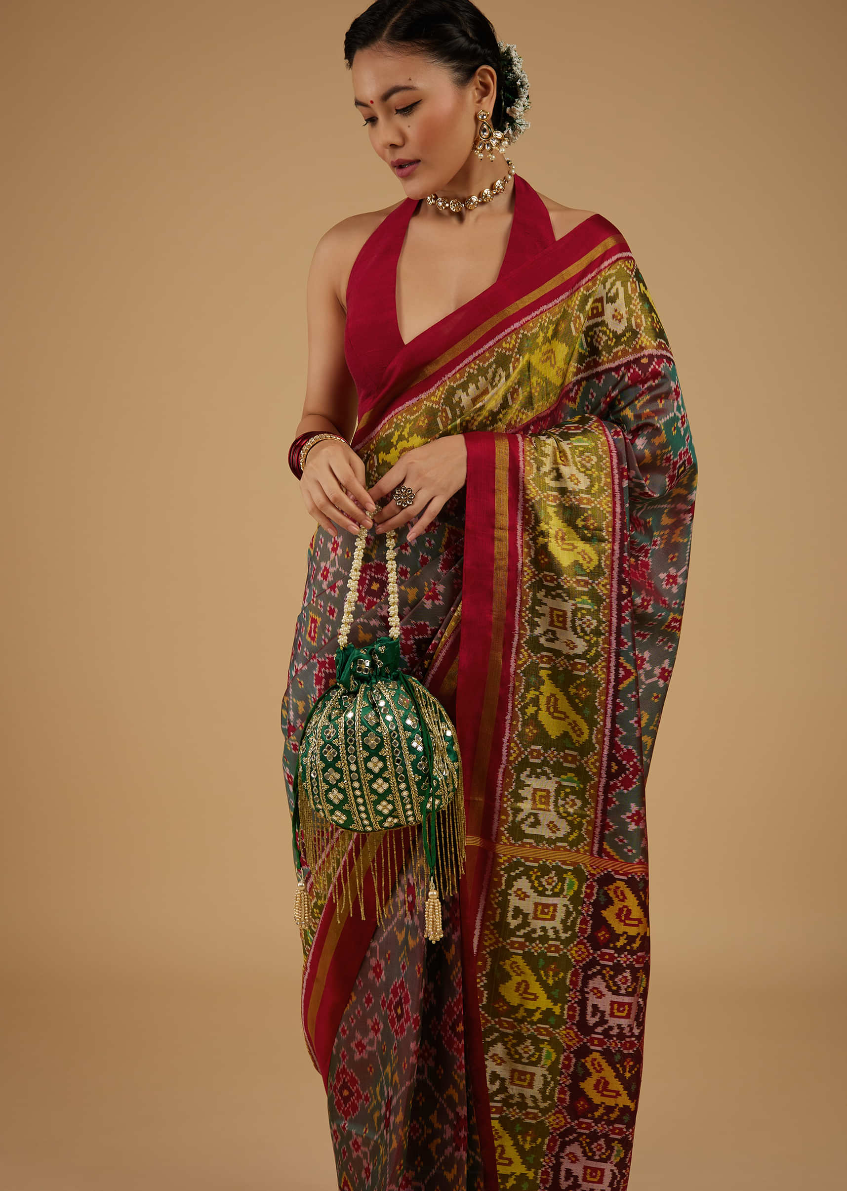 Citrus Green Saree In Silk With Ikat Weave Patola Work