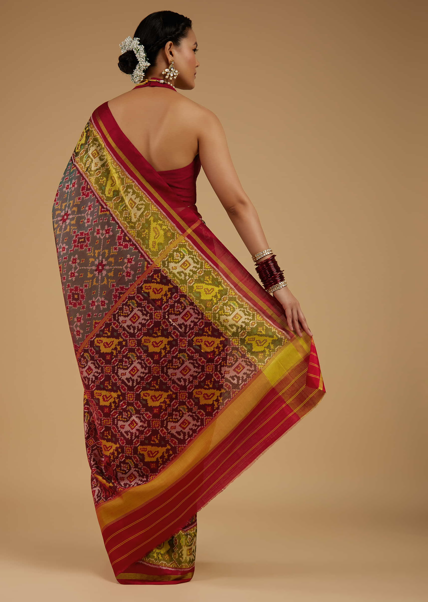 Citrus Green Saree In Silk With Ikat Weave Patola Work