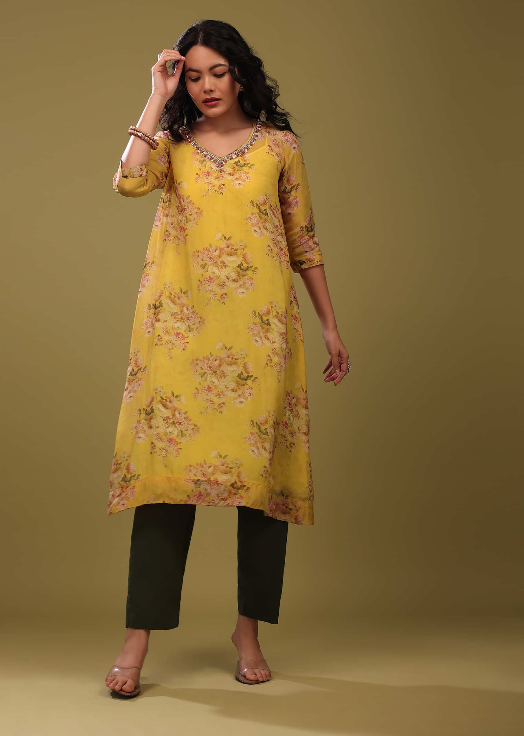 Kalki Freesia Yellow Palazzo Suit In Organza With Vintage Floral Print