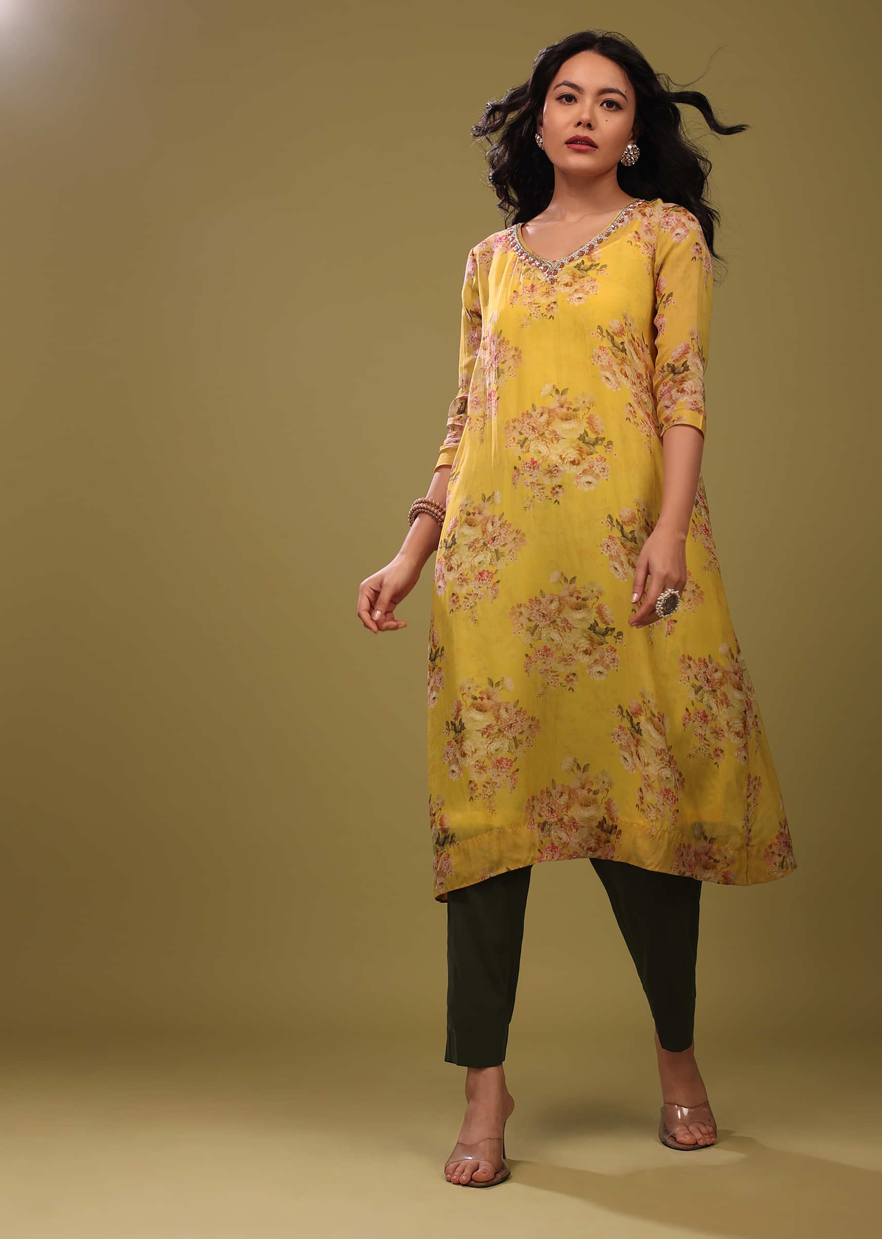 Canary Yellow Palazzo Suit In Organza With Vintage Floral Print