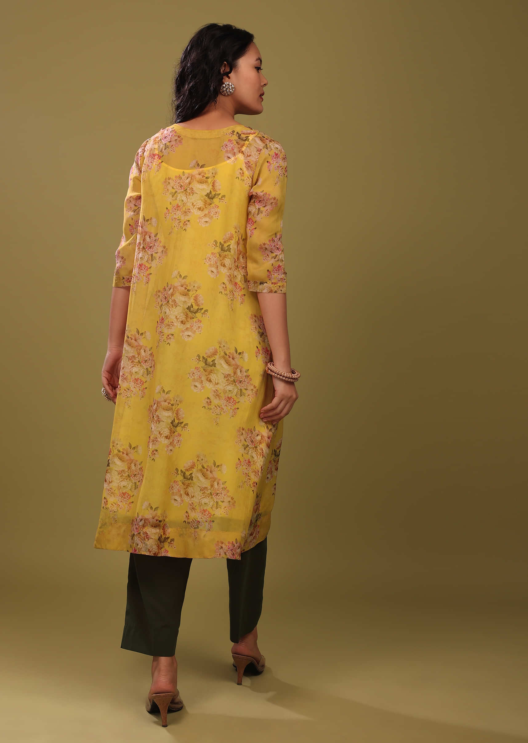 Canary Yellow Palazzo Suit In Organza With Vintage Floral Print