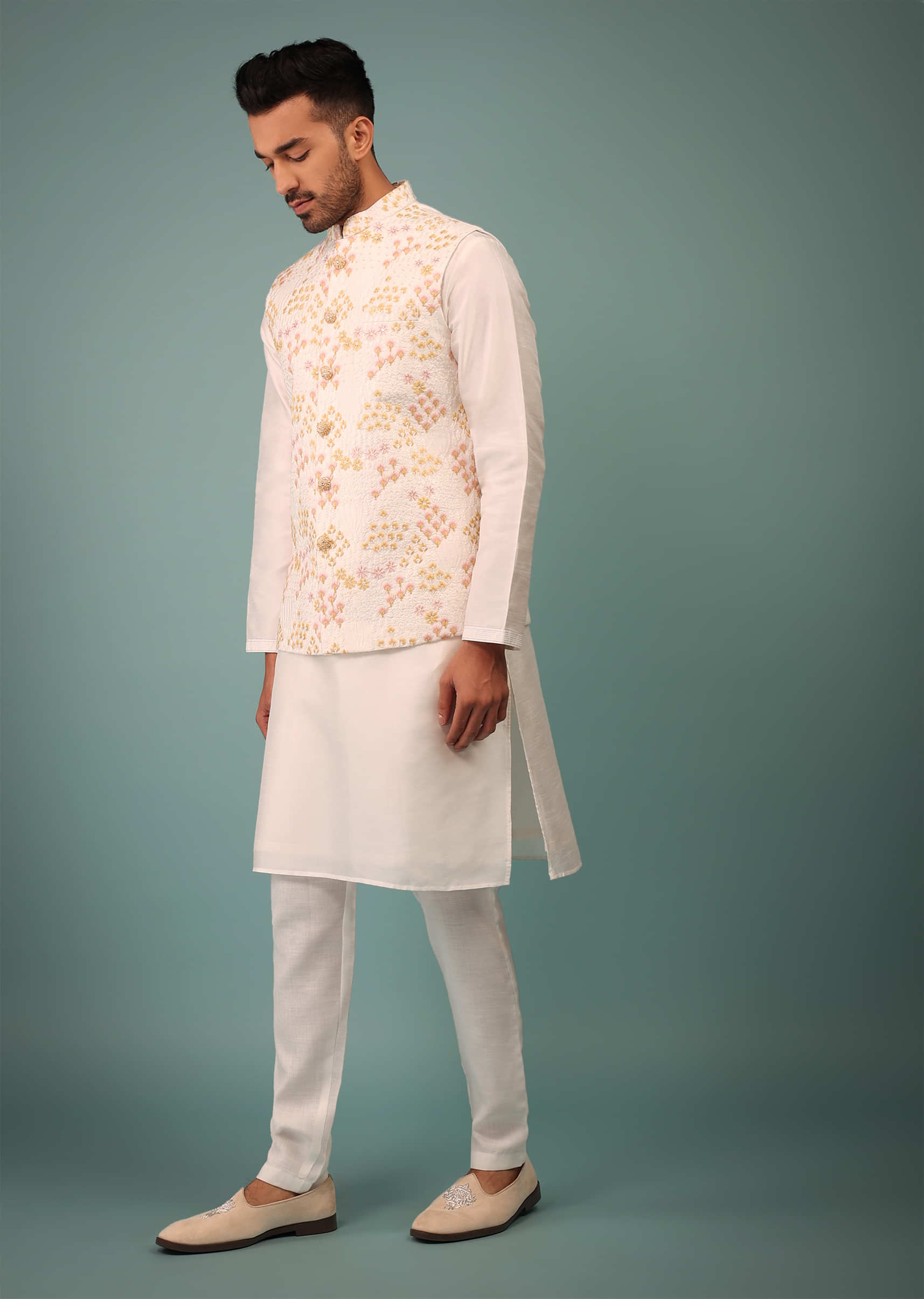 Nude White Bandi Jacket Set In Nokia Silk With Pink And Yellow Floral Embroidery