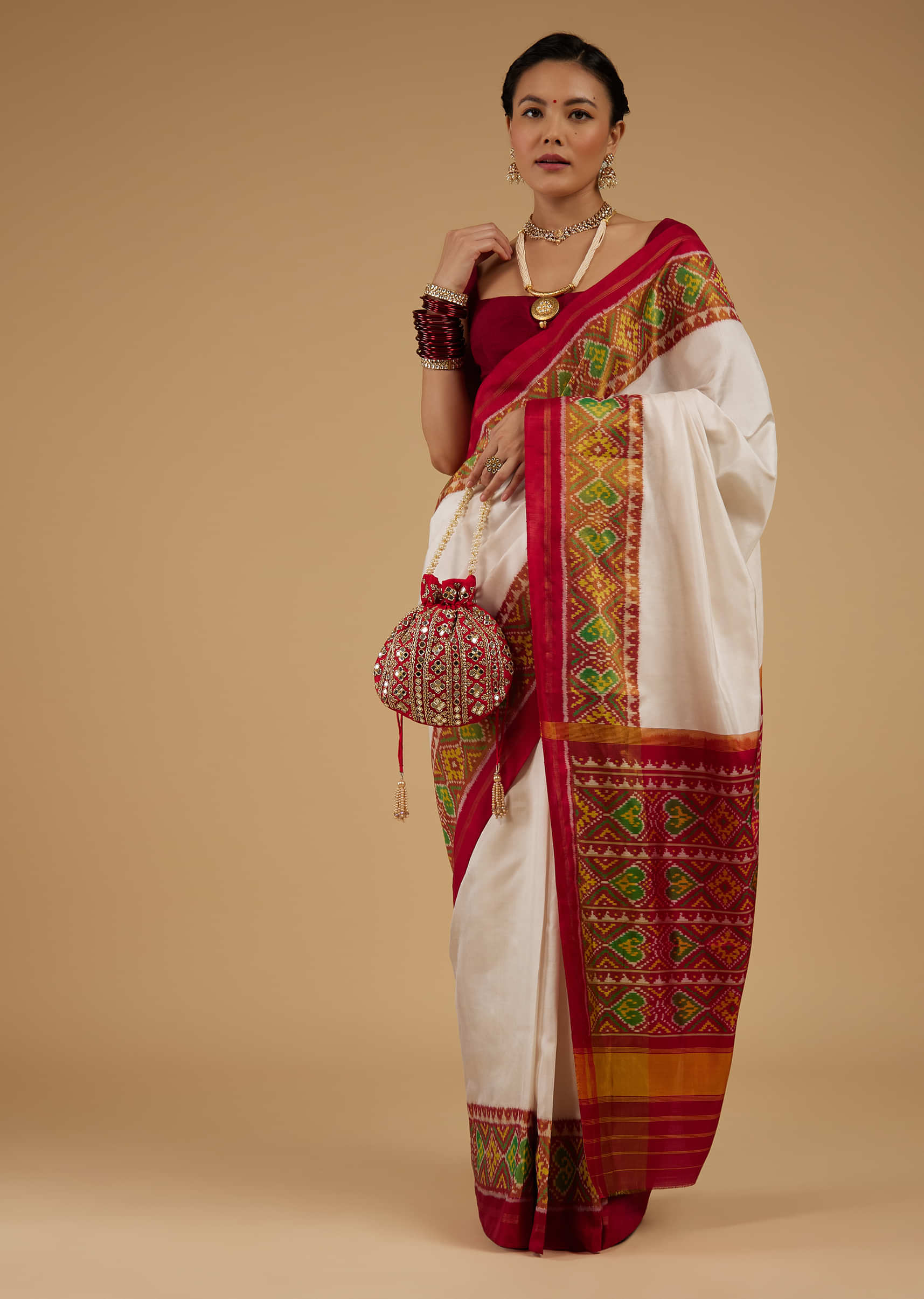 Kalki Gardenia White Saree In Silk With Ikat Weave Patola Work