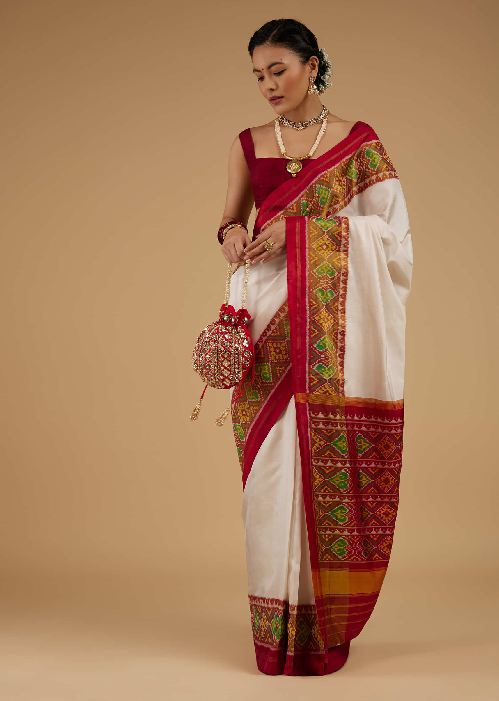Pearl White Saree In Silk With Ikat Weave Patola Work