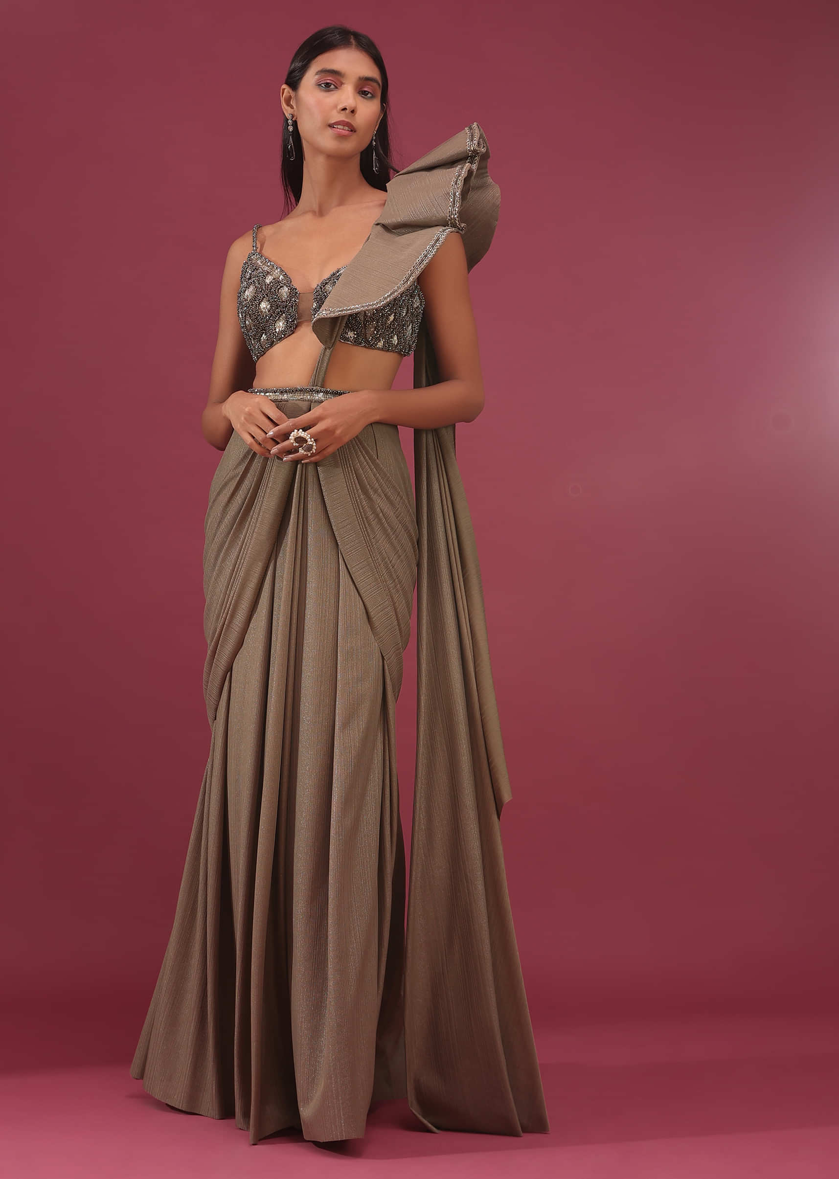 Coffee Brown Pre-Pleated Saree In Lycra With Embroidery