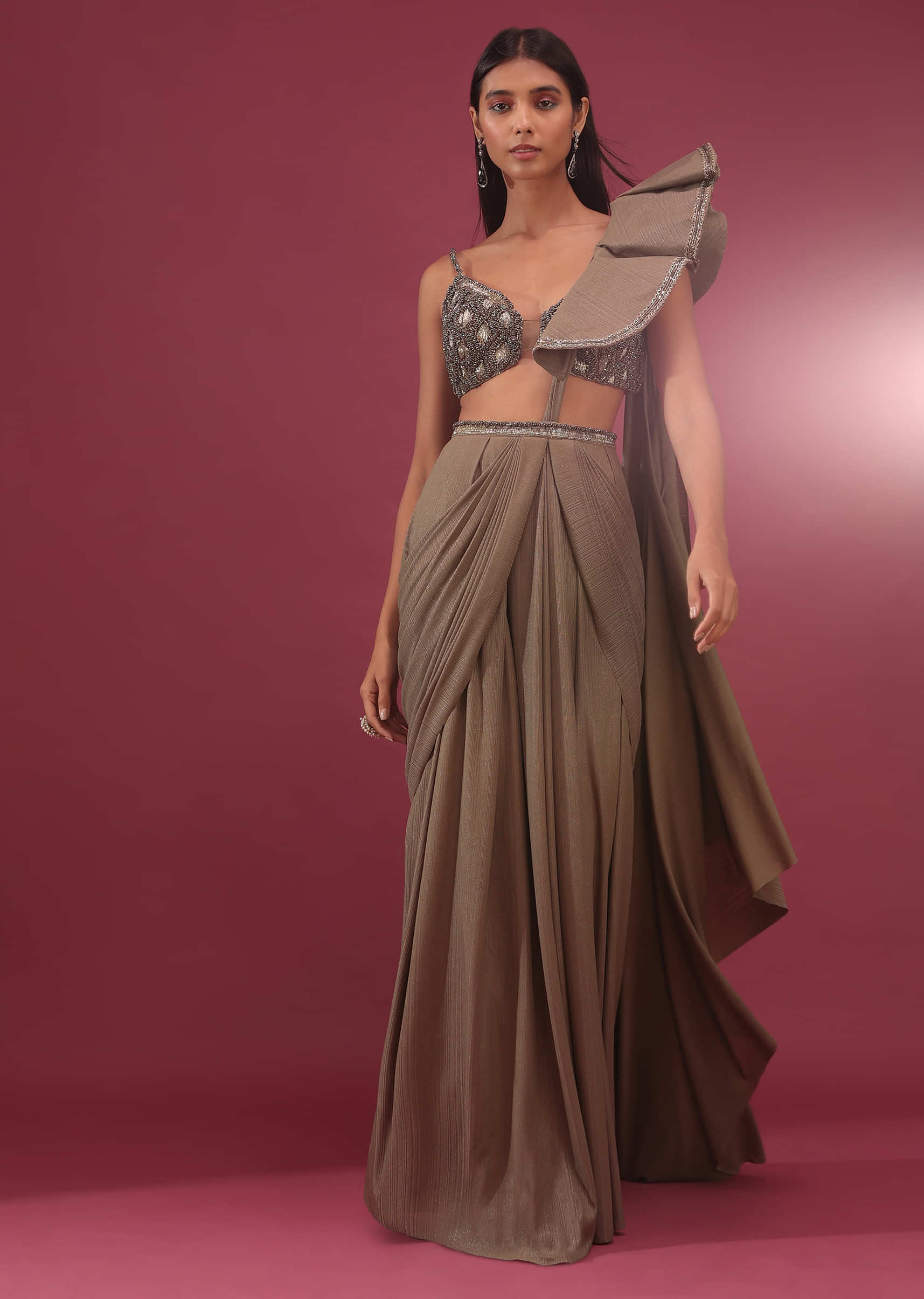 Coffee Brown Pre-Pleated Saree In Lycra With Embroidery
